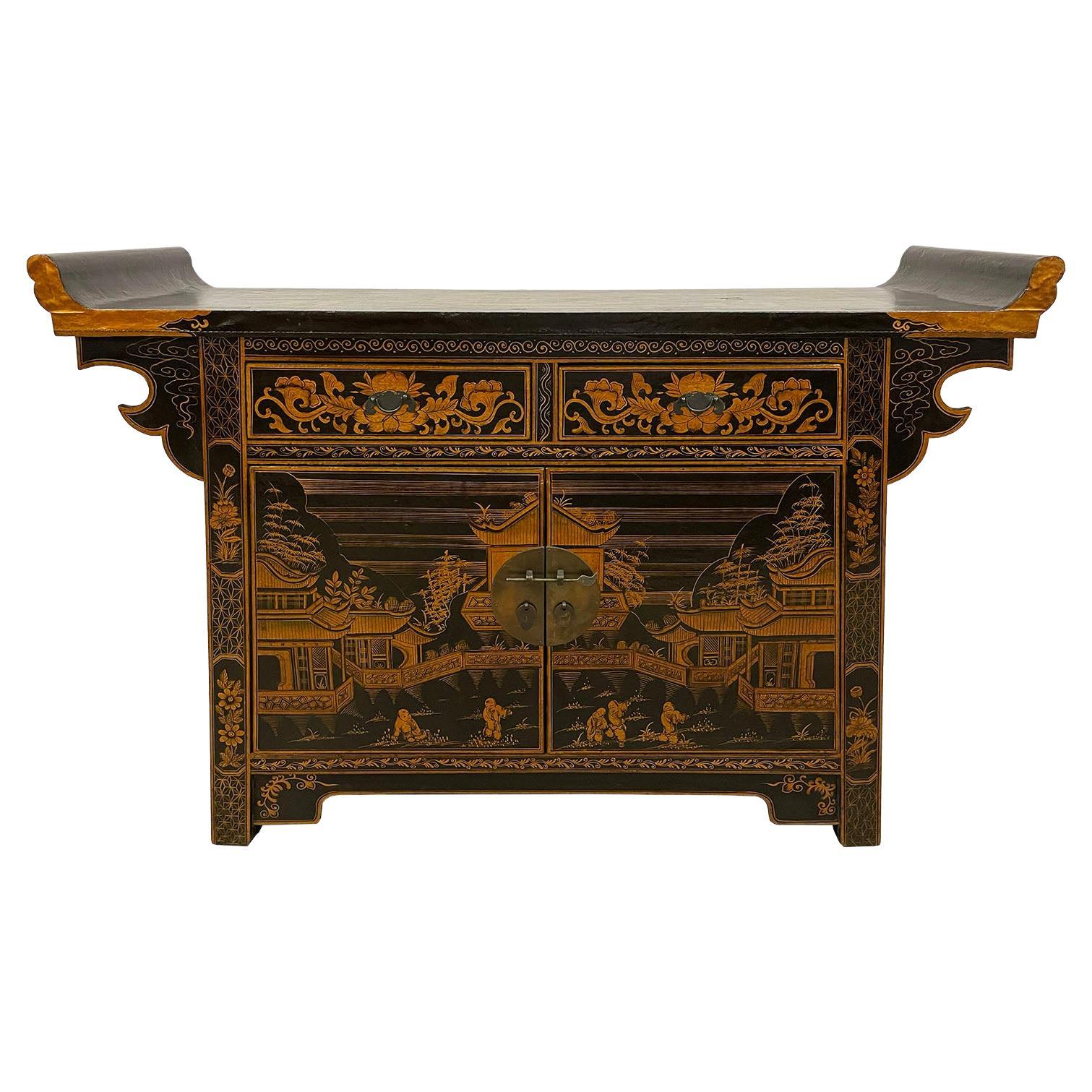 Early 20th Century Antique Chinese Lacquer Painted Altar Cabinet, Sideboard For Sale