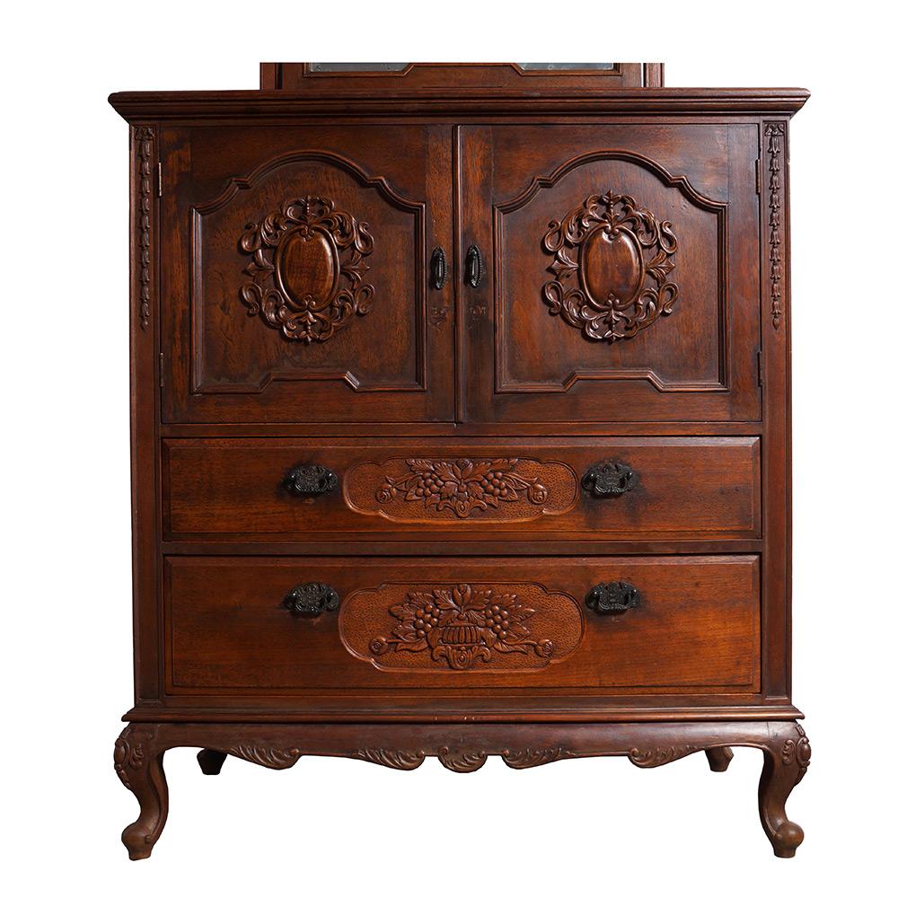 Chinese Export Early 20th Century Antique, Chinese Raise Carved Dresser with Mirror For Sale