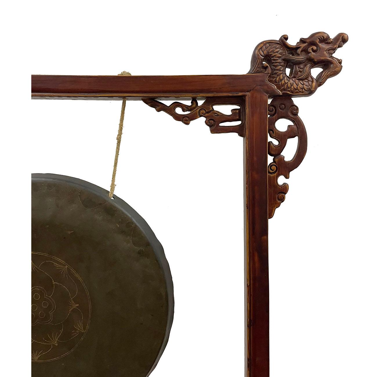 Chinese Export Early 20th Century Antique Chinese Table Gong With Dragon Stand and Original Mal For Sale
