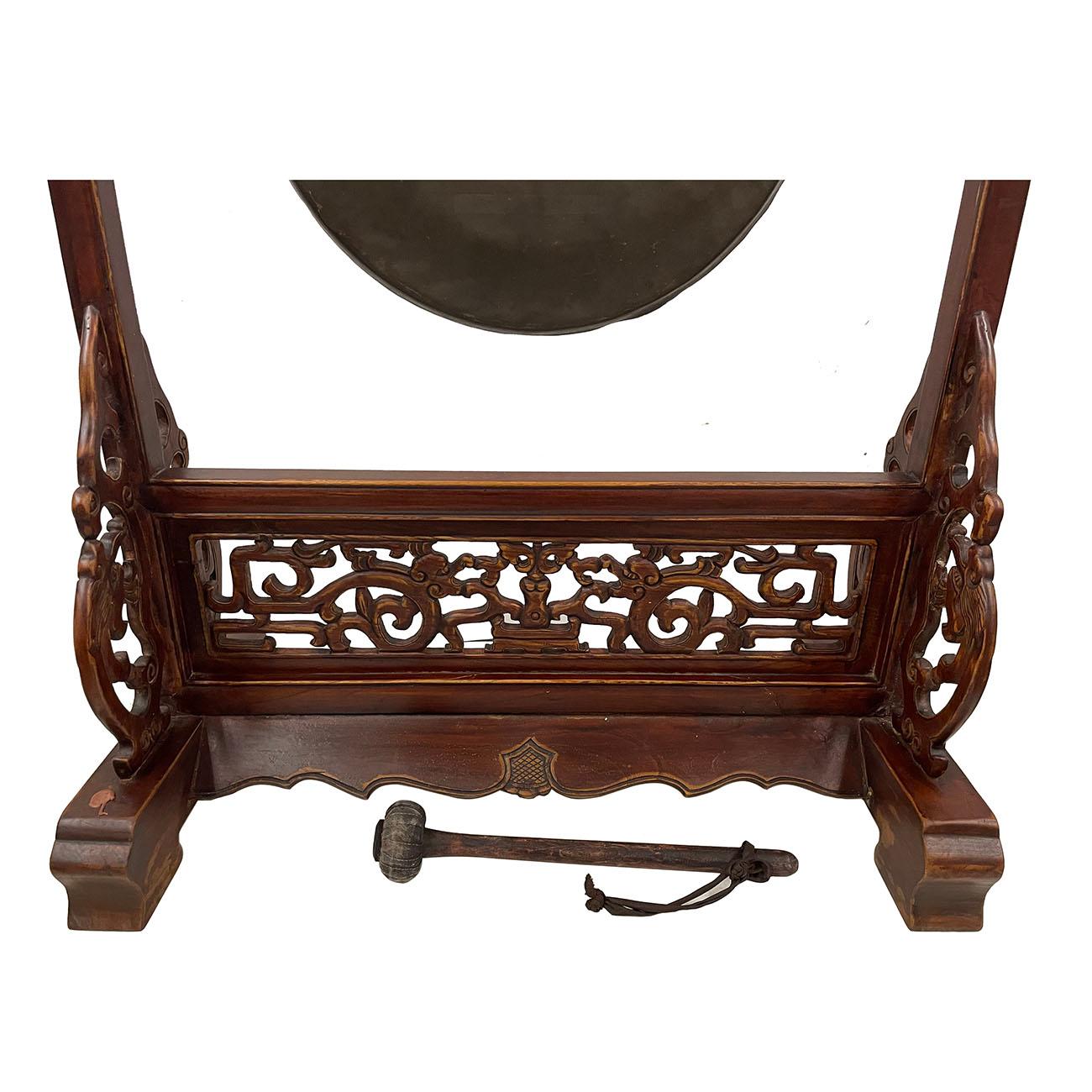 Early 20th Century Antique Chinese Table Gong With Dragon Stand and Original Mal In Good Condition For Sale In Pomona, CA