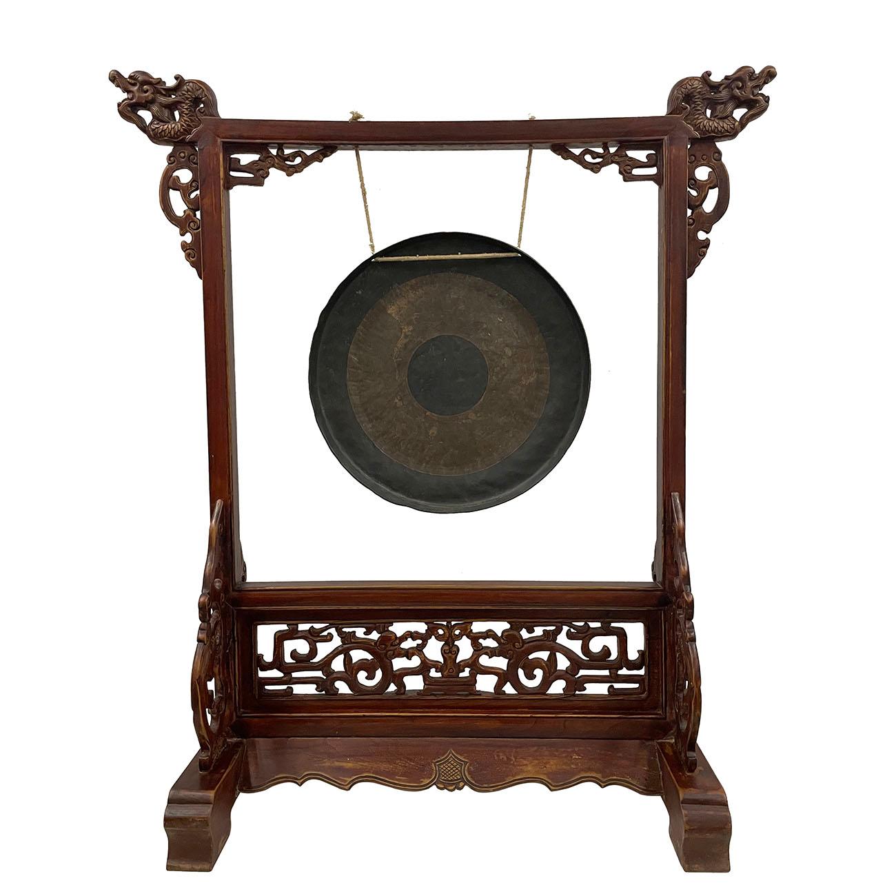 Early 20th Century Antique Chinese Table Gong With Dragon Stand and Original Mal For Sale 1