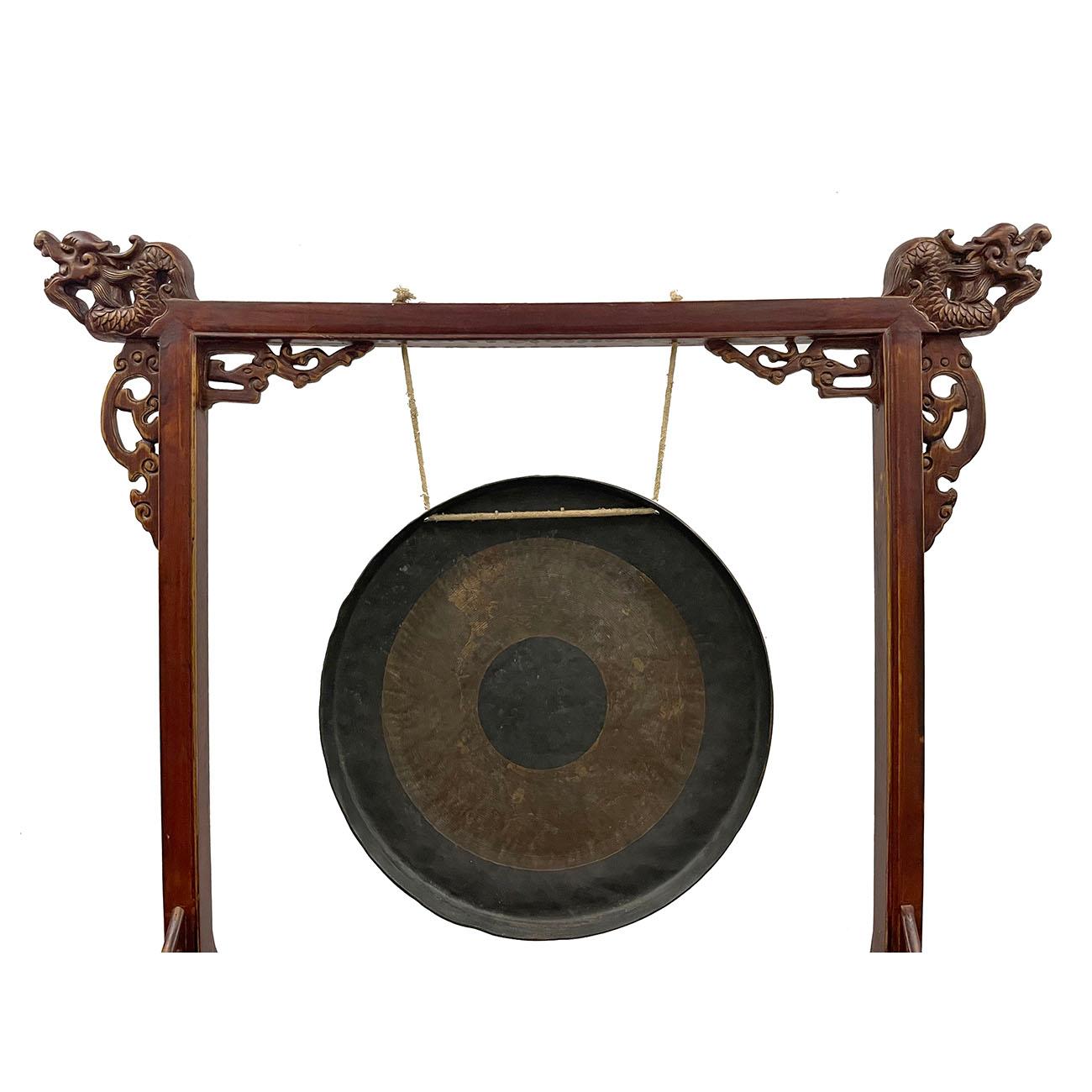 Early 20th Century Antique Chinese Table Gong With Dragon Stand and Original Mal For Sale 2