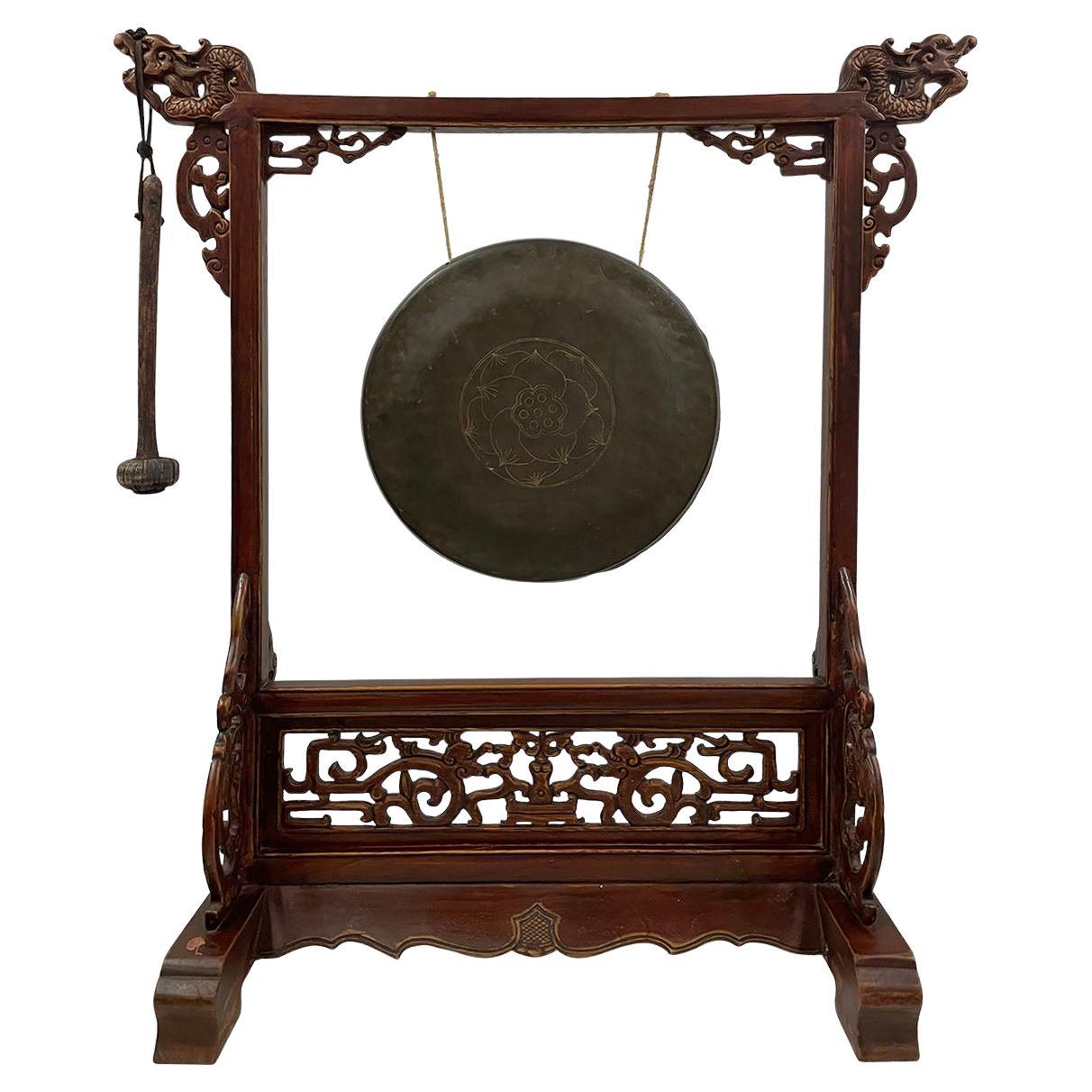 Early 20th Century Antique Chinese Table Gong With Dragon Stand and Original Mal For Sale