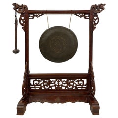 Early 20th Century Used Chinese Table Gong With Dragon Stand and Original Mal