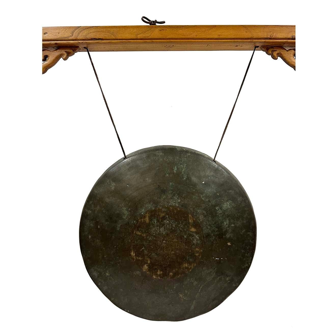 Hand-Crafted Early 20th Century Antique Chinese Table Gong With Dragon Stand For Sale