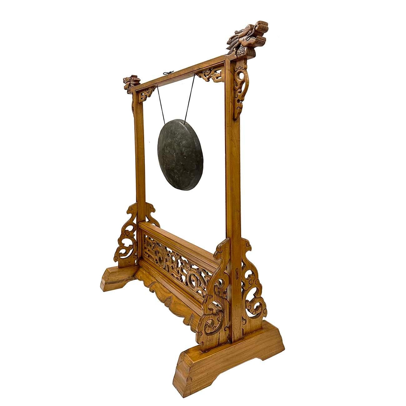 Bronze Early 20th Century Antique Chinese Table Gong With Dragon Stand For Sale