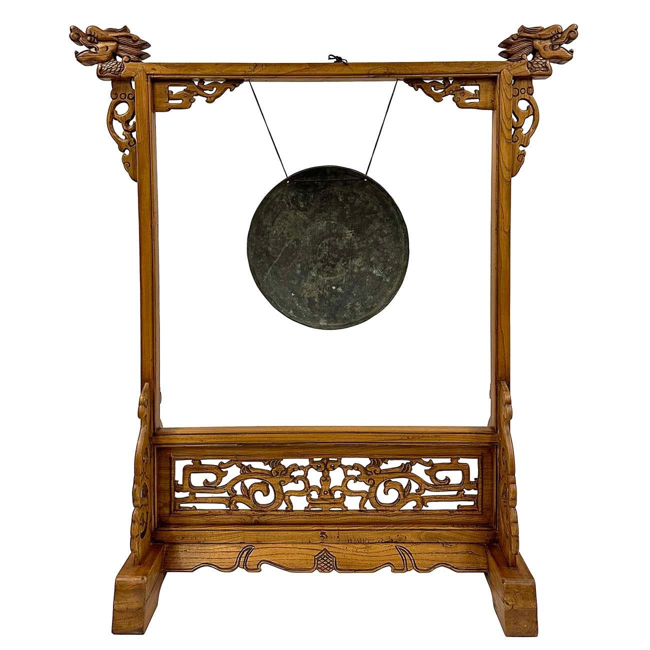 Early 20th Century Antique Chinese Table Gong With Dragon Stand For Sale 1