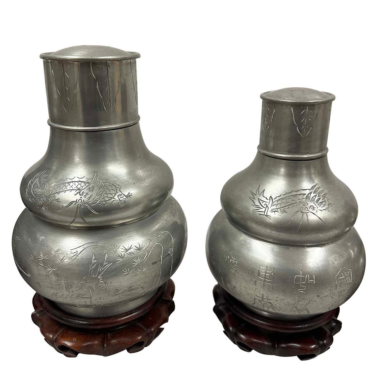 Anfang des 20. Jahrhunderts antike chinesische Zinn-Teeblatt-Dosen/Halter Set (Handgeschnitzt) im Angebot