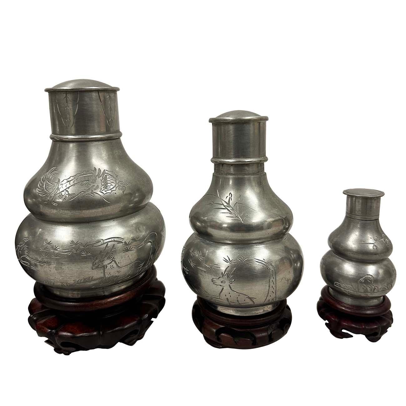 Anfang des 20. Jahrhunderts antike chinesische Zinn-Teeblatt-Dosen/Halter Set im Zustand „Gut“ im Angebot in Pomona, CA