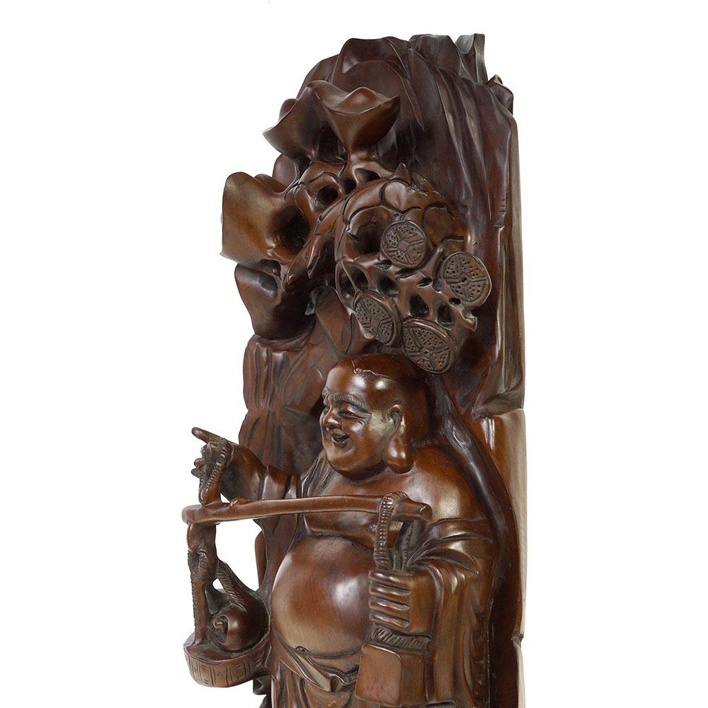 Boxwood Early 20th Century Antique Chinese Wood Carved Buddha Statue For Sale