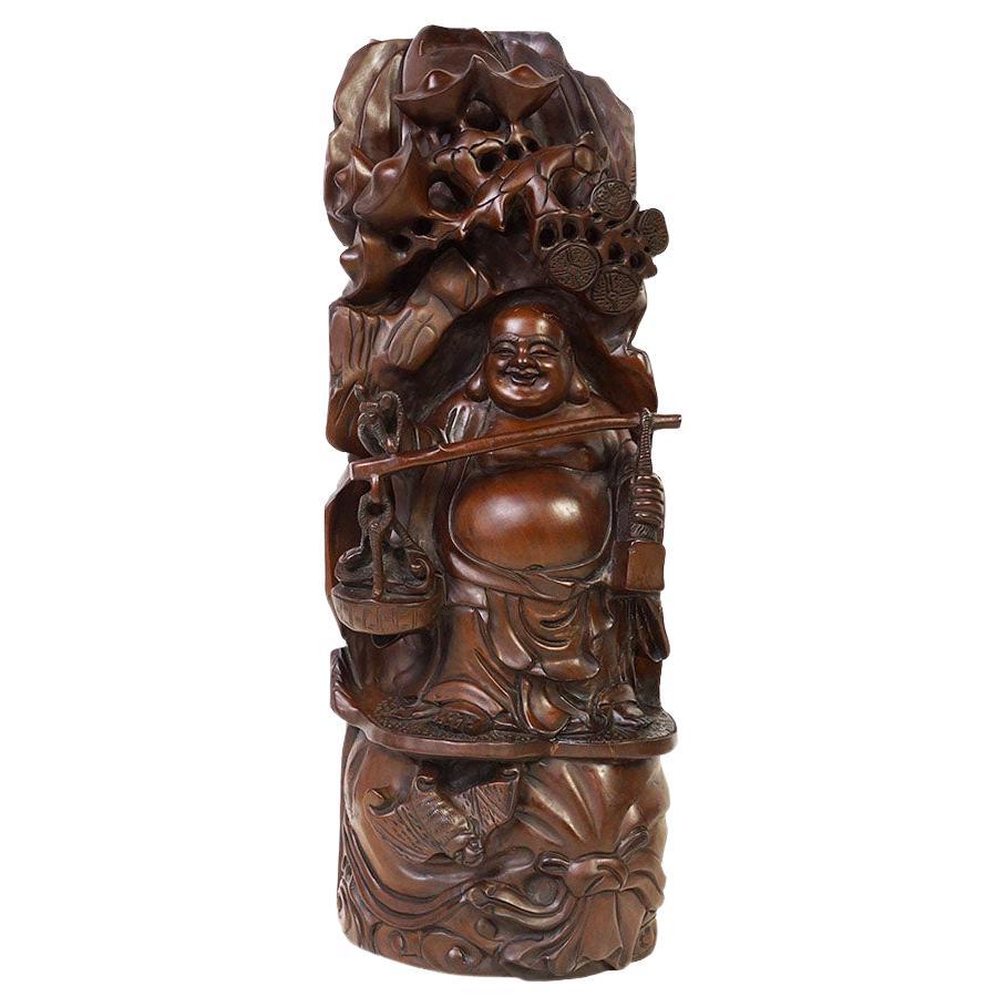 Early 20th Century Antique Chinese Wood Carved Buddha Statue For Sale