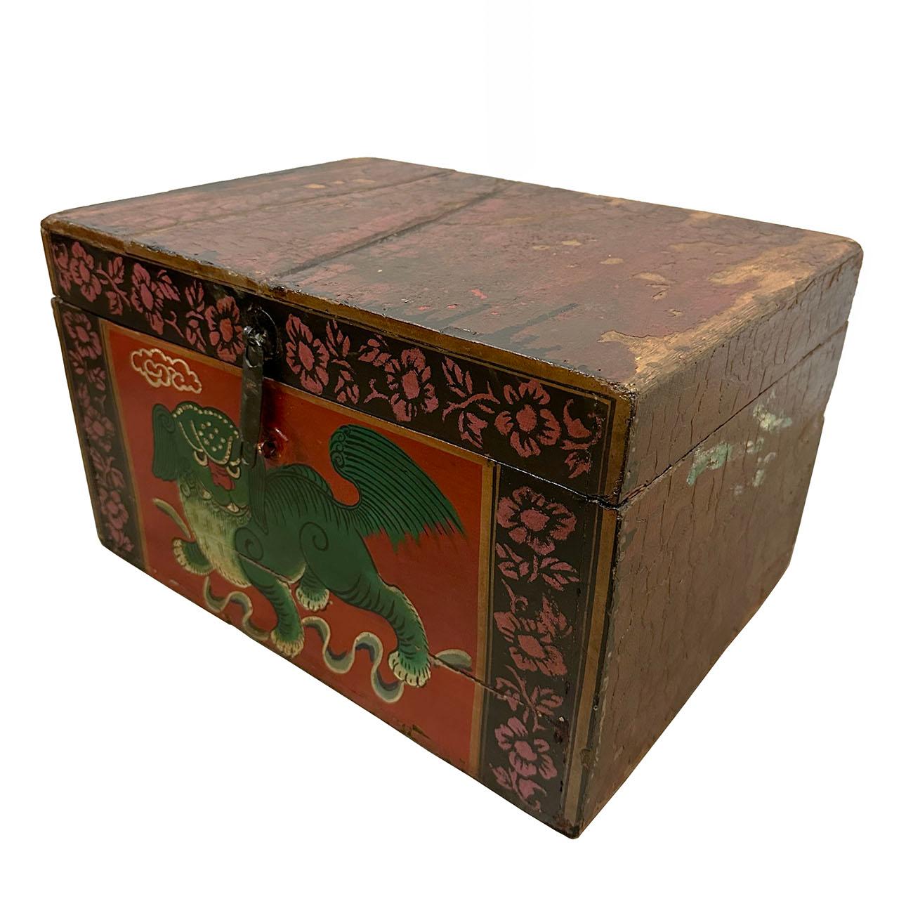 This is a traditional style of Chinese antique painted chest/Box from Shan Xi, China. It has over 100 years old history. Normally it was used to store sewing stuffs, etc. It is opened on top with antique hardware. Also, it has beautiful Chinese