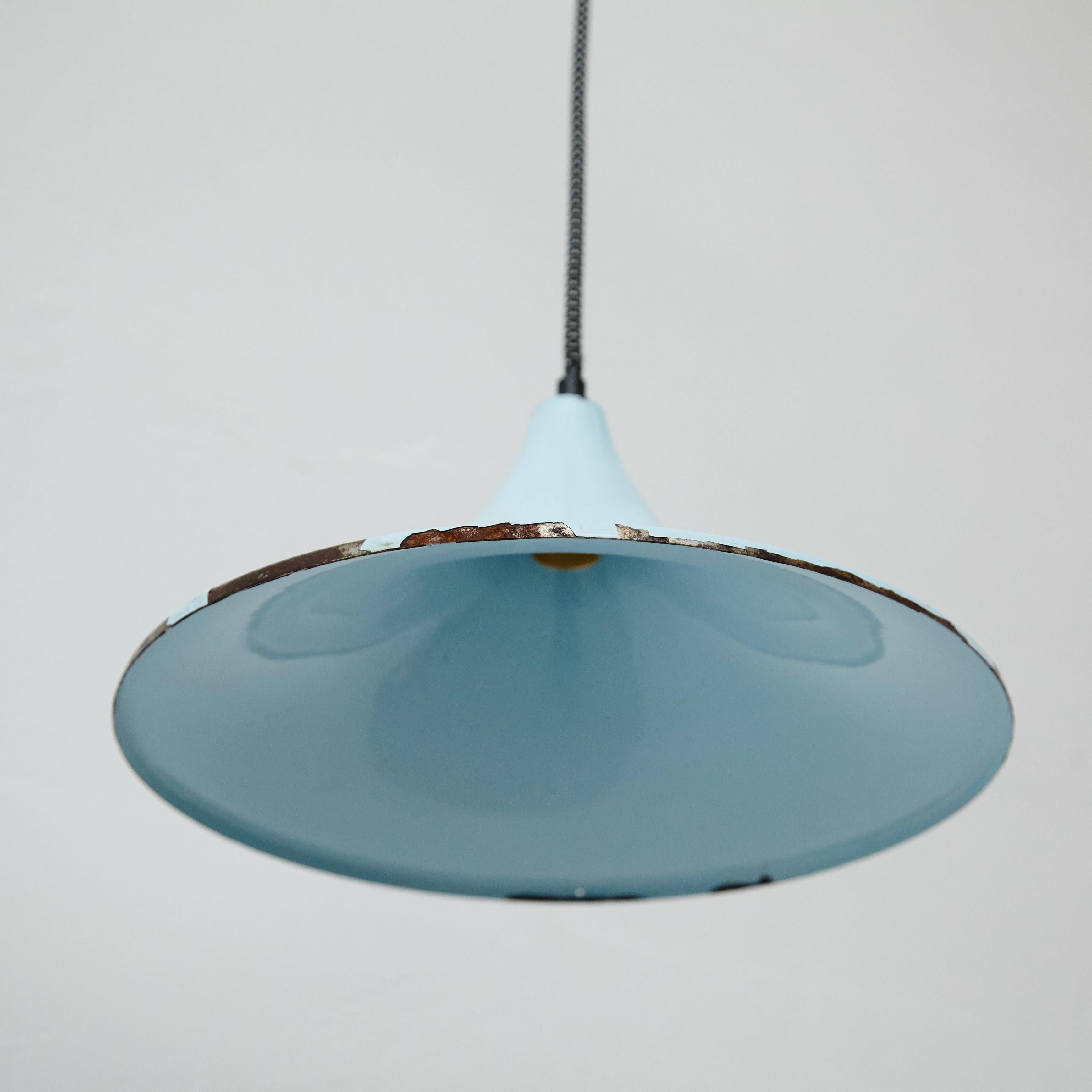 Early 20th century antique clear blue brass ceiling lamp.
By unknown manufacturer, France.
In original condition, with minor wear consistent with age and use, preserving a beautiful patina.

Materials:
Lacquered metal

Dimensions:
ø 32 cm x