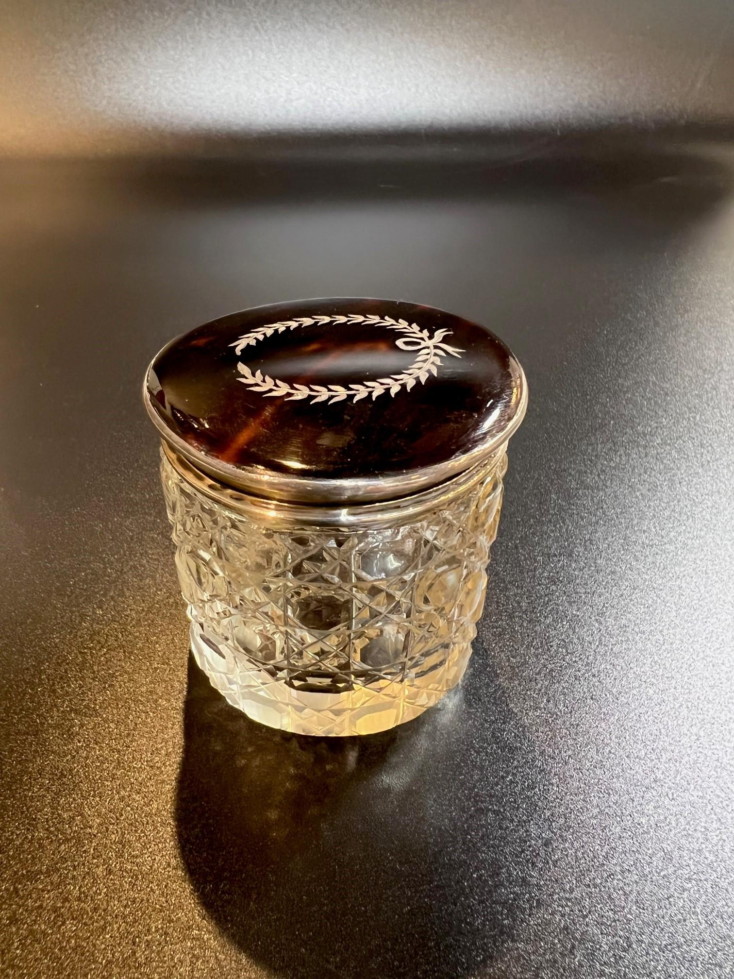 Early 20th Century Antique Crystal Dresser Jar with a Tortoise & Sterling Lid In Good Condition For Sale In Stamford, CT