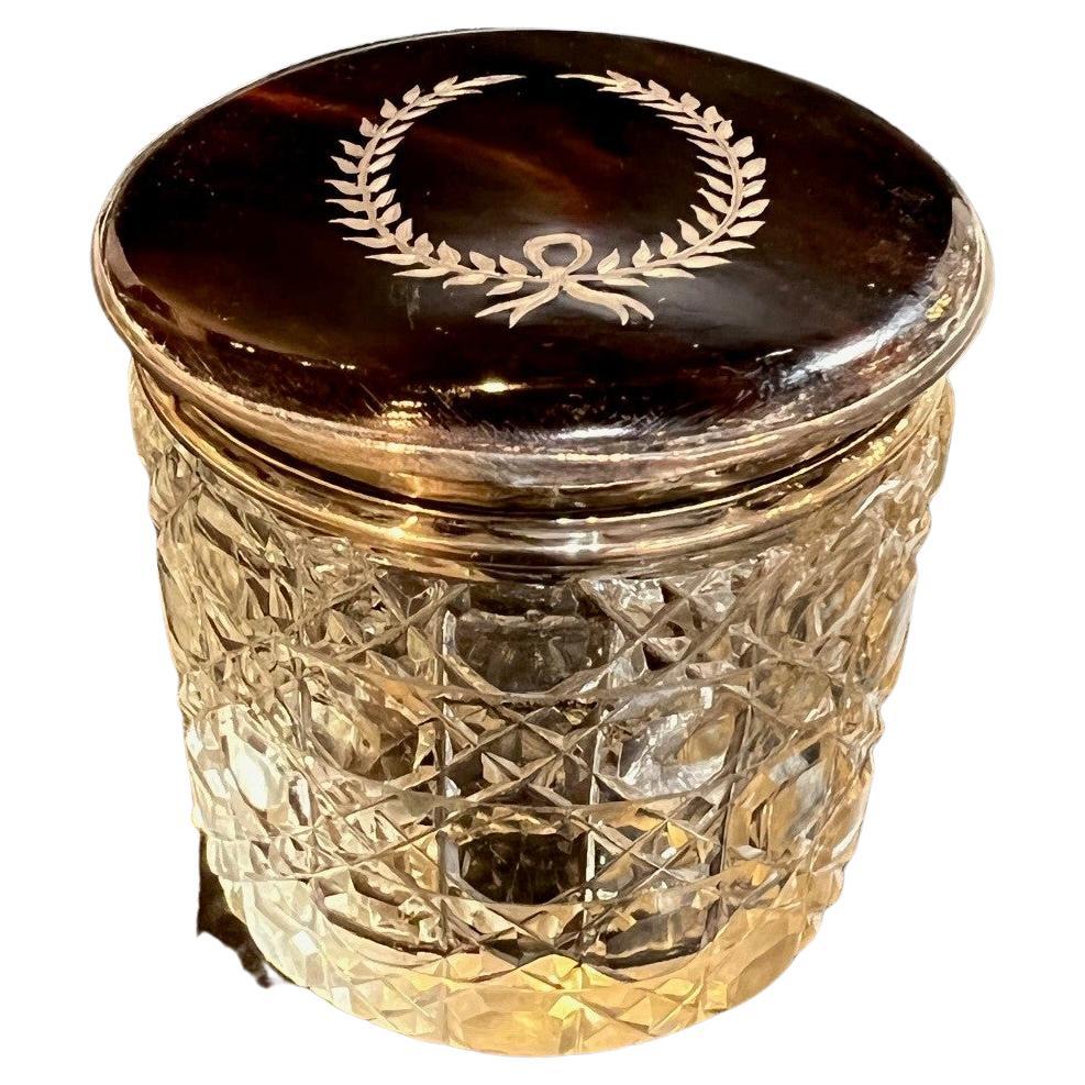 Pot de commode en cristal ancien du début du 20e siècle avec couvercle en écaille et argent sterling