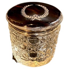 Pot de commode en cristal ancien du début du 20e siècle avec couvercle en écaille et argent sterling