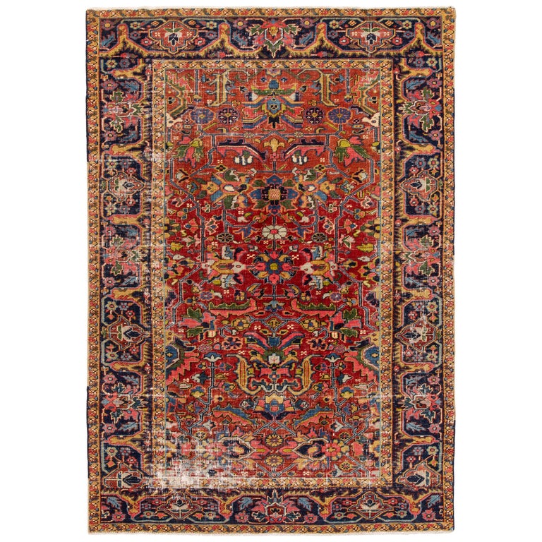 Early 20th Century Antique Distressed Persian Heriz Wool Rug For Sale ...