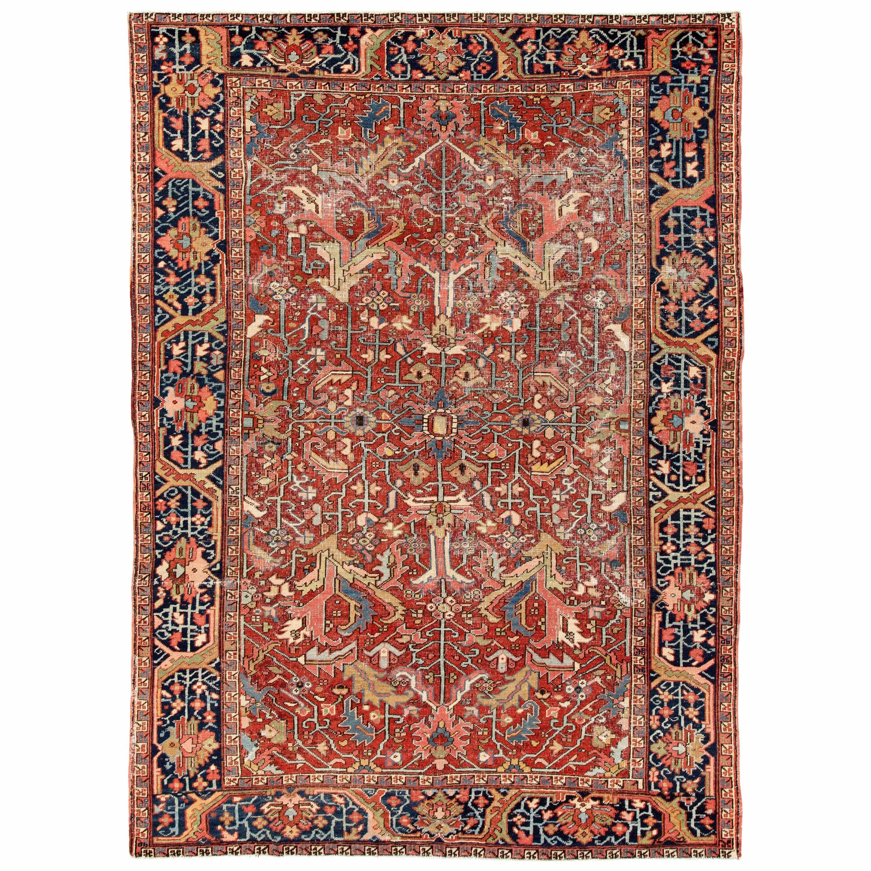 Early 20th Century Antique Distressed Persian Heriz Wool Rug For Sale