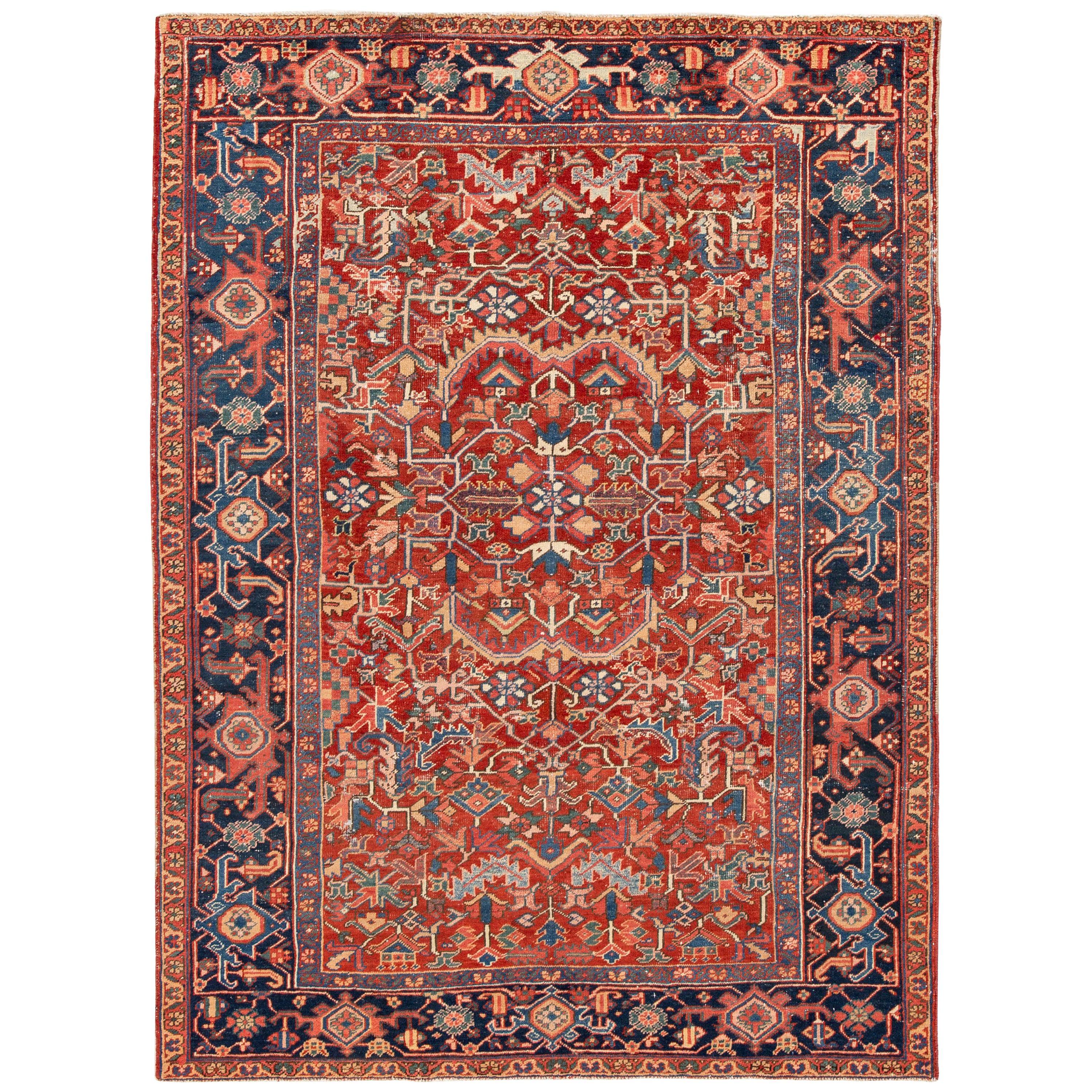Early 20th Century Antique Distressed Persian Heriz Wool Rug