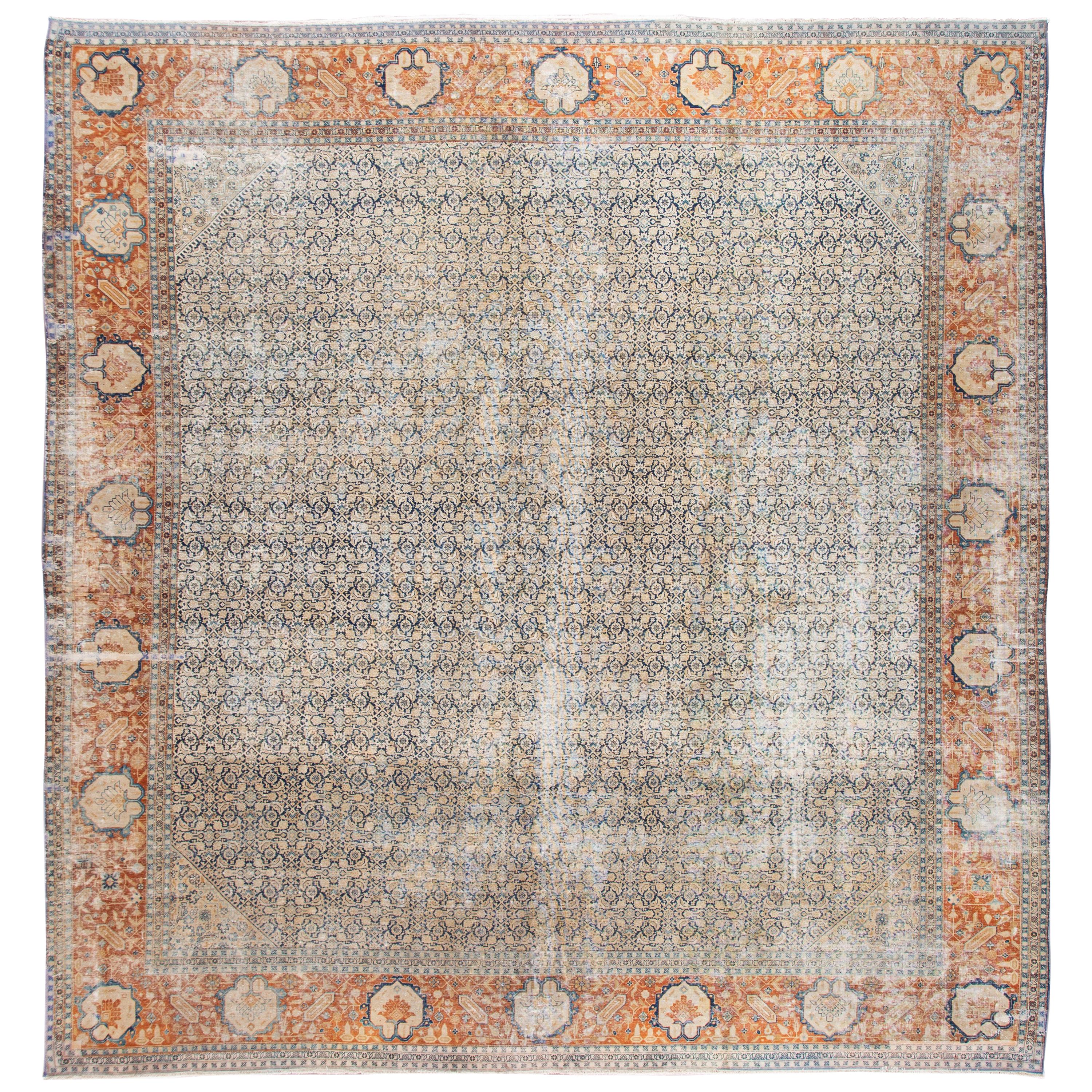 Early 20th Century Antique Distressed Tabriz Square Wool Rug For Sale