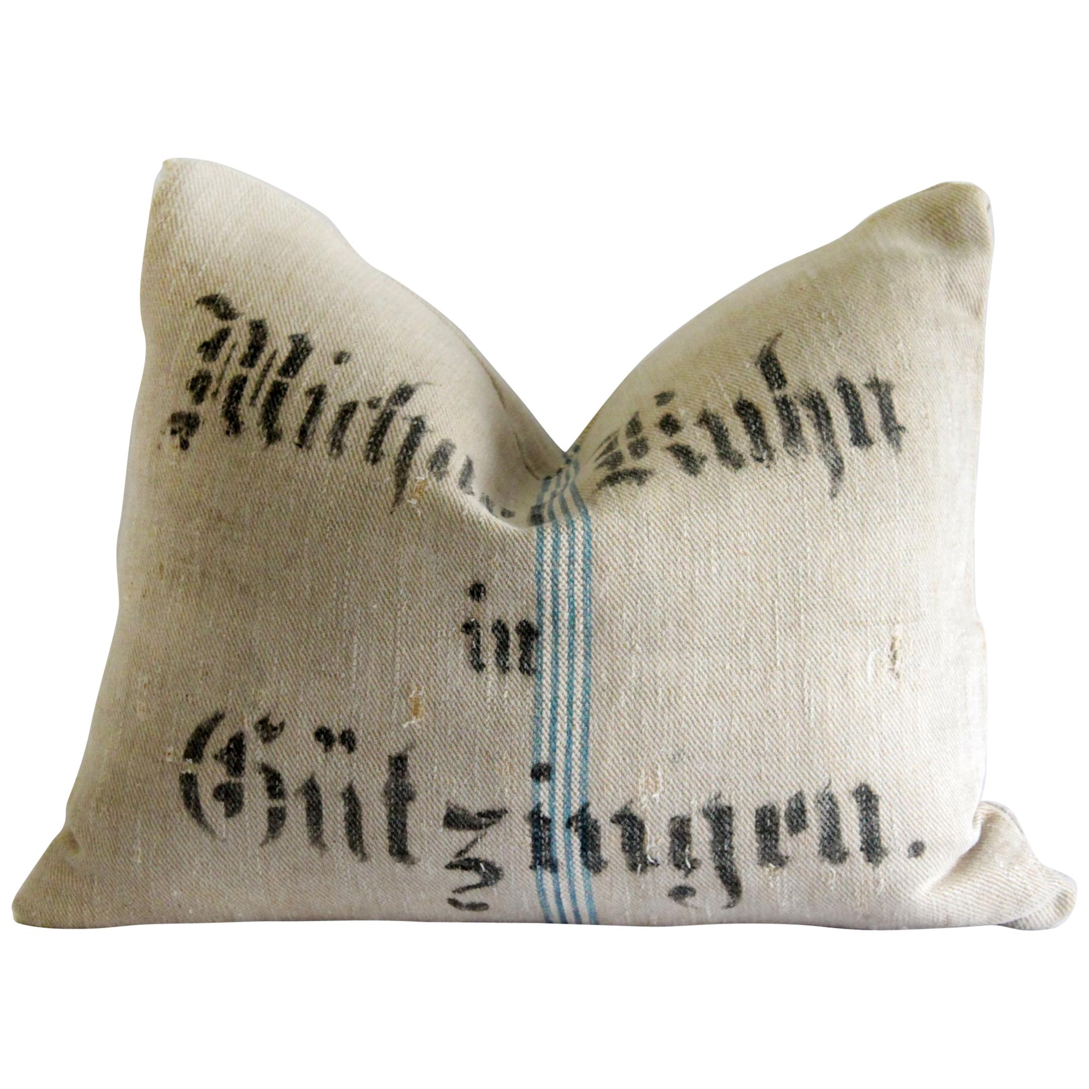 Early 20th Century Antique European Grainsack Pillow with Lettering