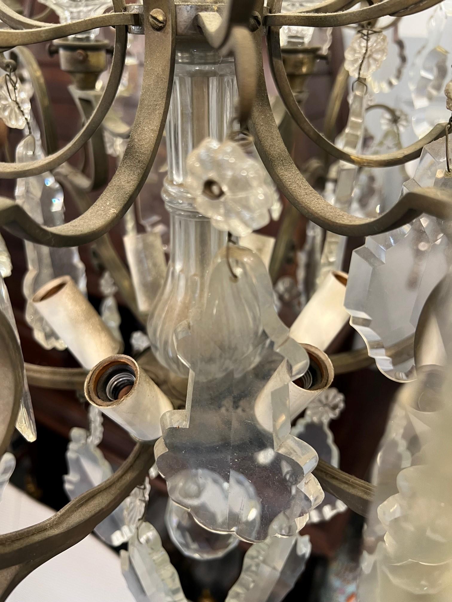 Early 20th Century Antique French Six Arm 18 Light Brass and Crystal Chandelier  For Sale 11