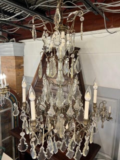 Early 20th Century Antique French Six Arm 18 Light Brass and Crystal Chandelier