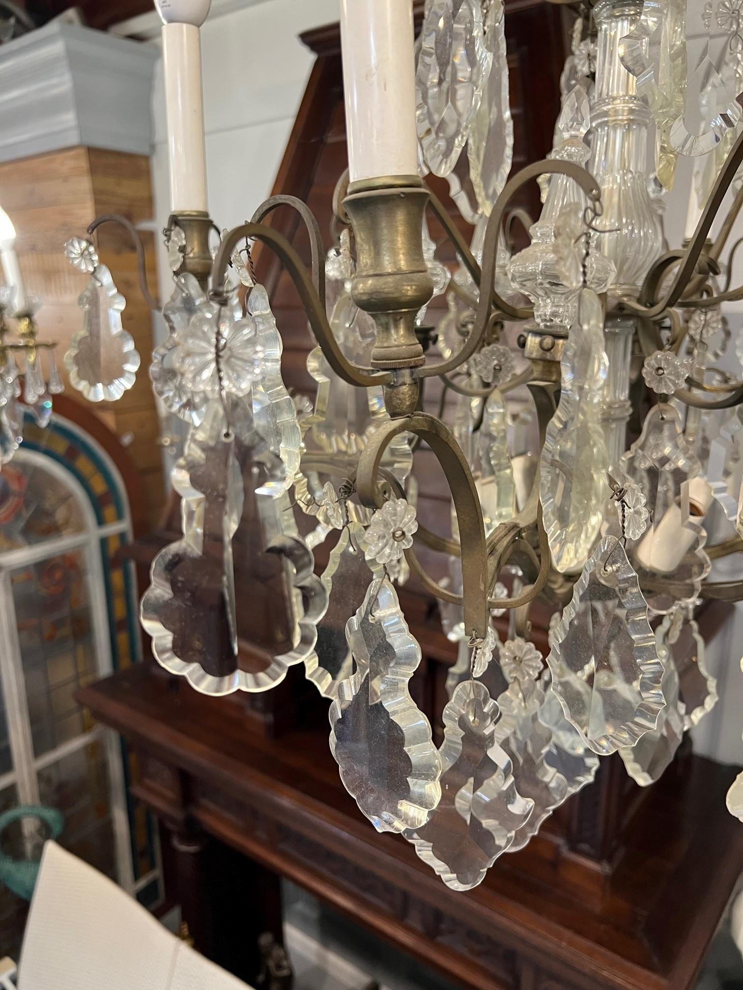 Early 20th Century Antique French Six Arm 18 Light Brass and Crystal Chandelier  In Good Condition For Sale In Stamford, CT