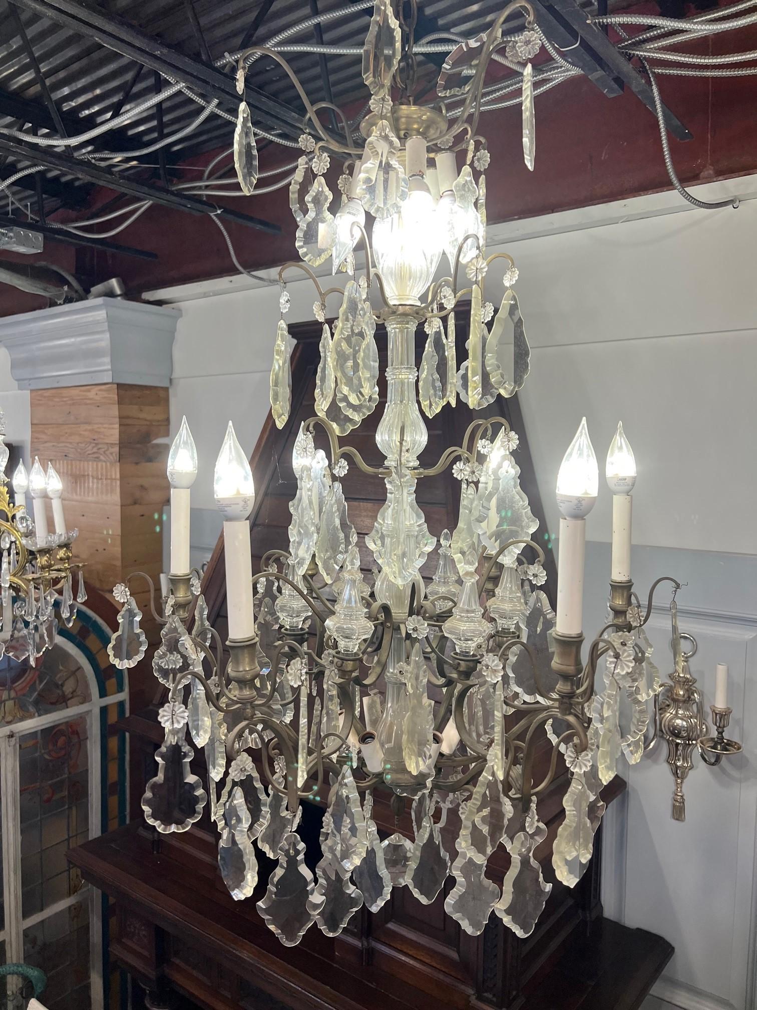 Early 20th Century Antique French Six Arm 18 Light Brass and Crystal Chandelier  For Sale 3