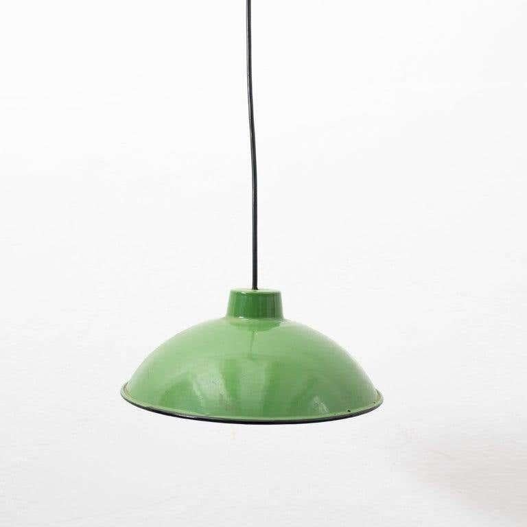 Early 20th century antique green lacquered metal ceiling lamp.
By unknown manufacturer, France.

In original condition, with minor wear consistent with age and use, preserving a beautiful patina.

Materials:
Lacquered metal

Dimensions:
ø
