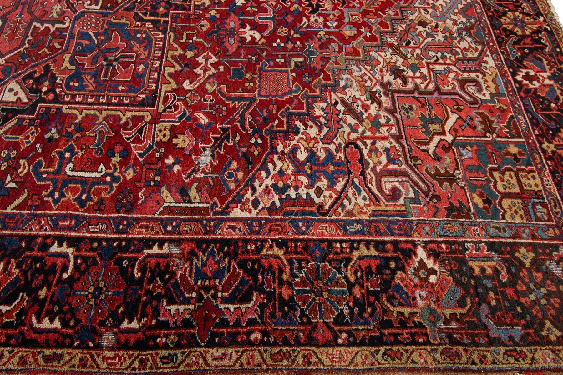 20th Century Antique Heriz Handmade Red Medallion Wool Rug In Good Condition For Sale In Norwalk, CT