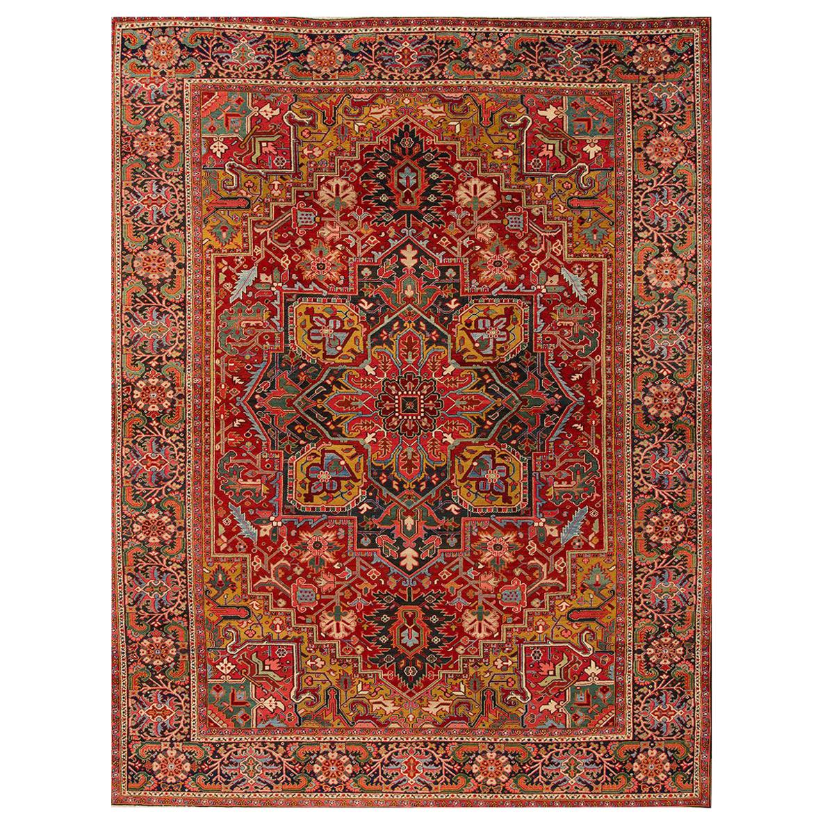 Antique Persian Heriz Red Handmade Wool Rug with Medallion Design For