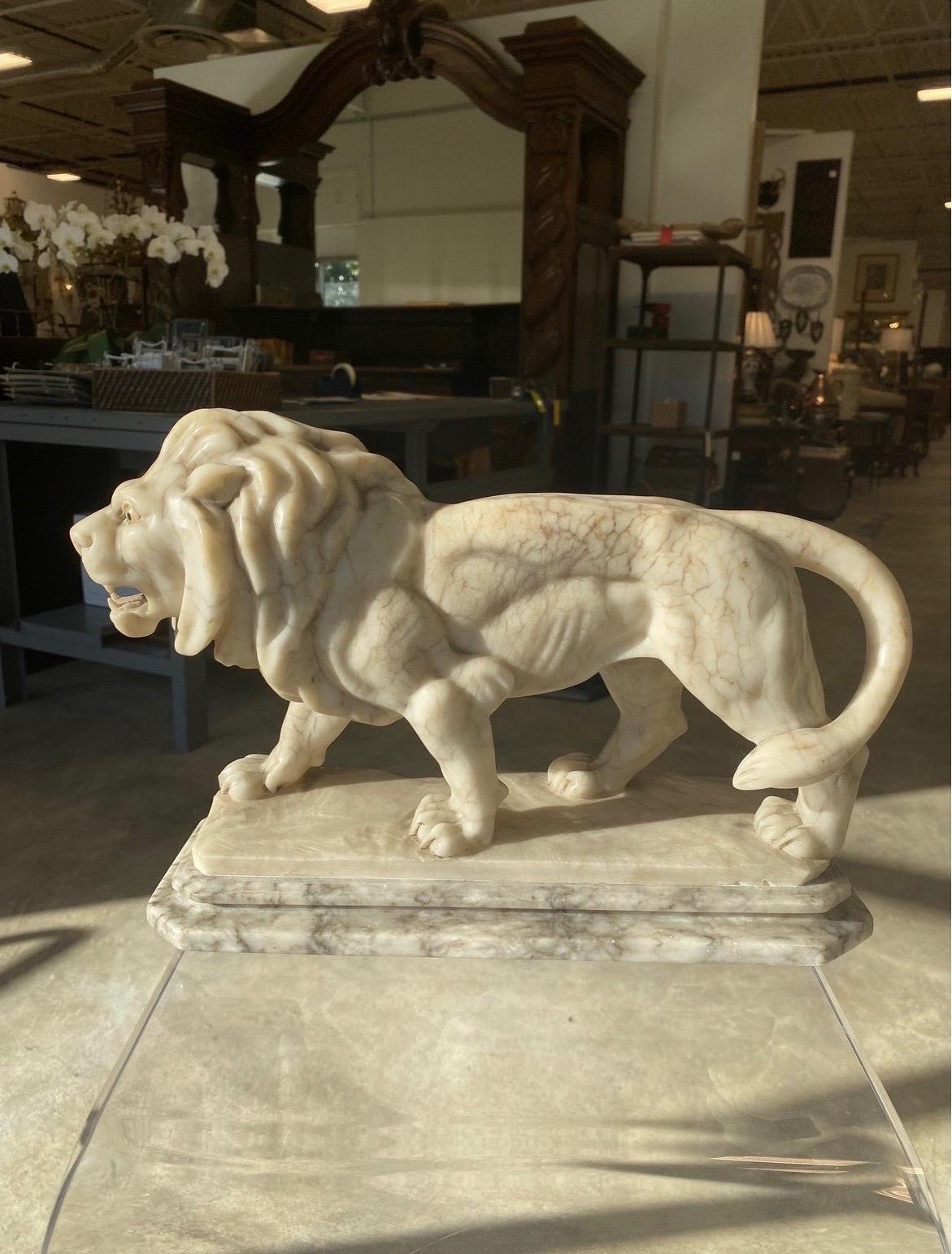 Fine quality antique Italian carved marble and alabaster lion sculpture. Having original glass eyes and great detailing. Marked “made in italy” and signed by an unknown hand to base.