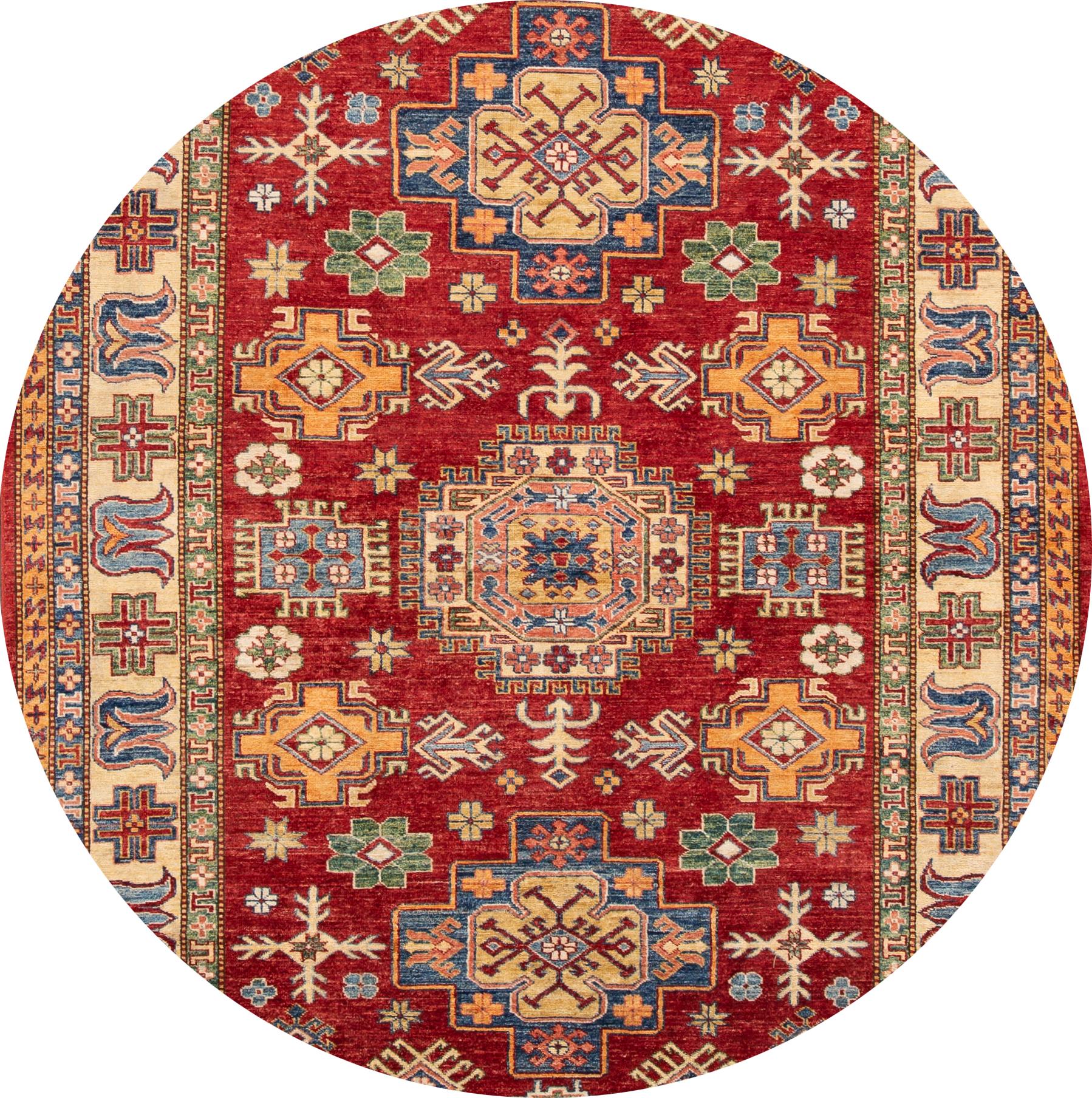 Beautiful Antique Kazak Rug, hand-knotted wool with a bright red field, cream frame, orange and blue accents in allover multi medallion design.
This rug measures 6' 1