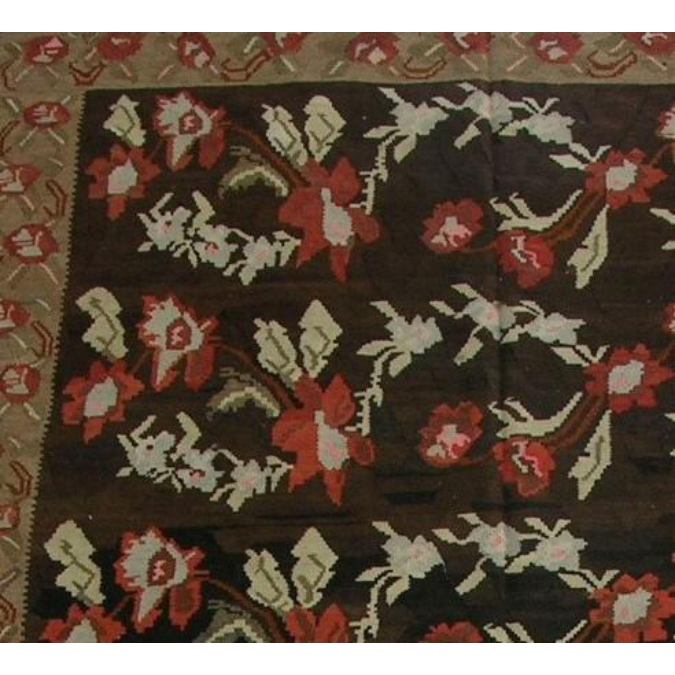 Asian Early 20th Century Antique Kilim Floral Design Rug - 12'7'' X 6'9'' For Sale
