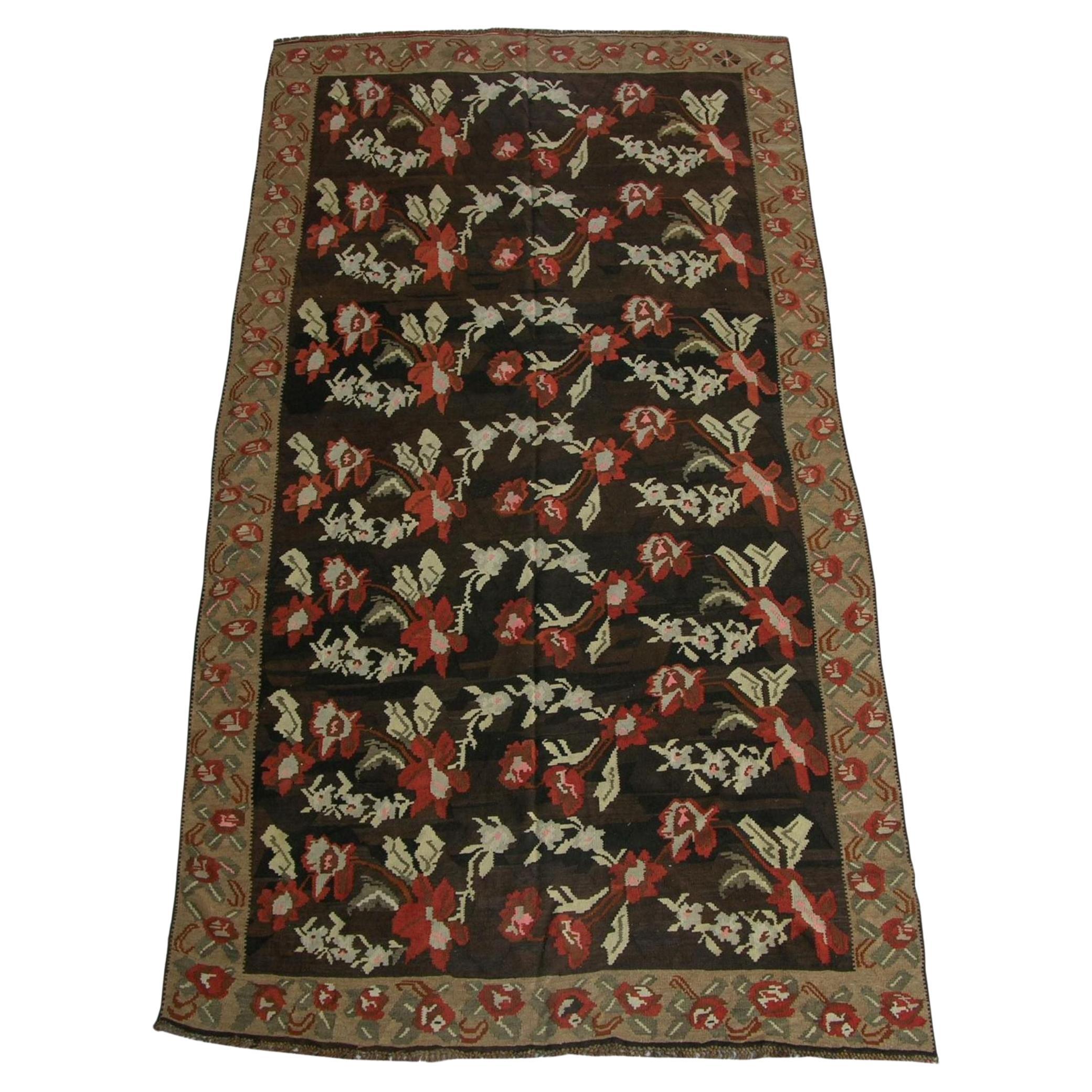 Early 20th Century Antique Kilim Floral Design Rug - 12'7'' X 6'9'' For Sale