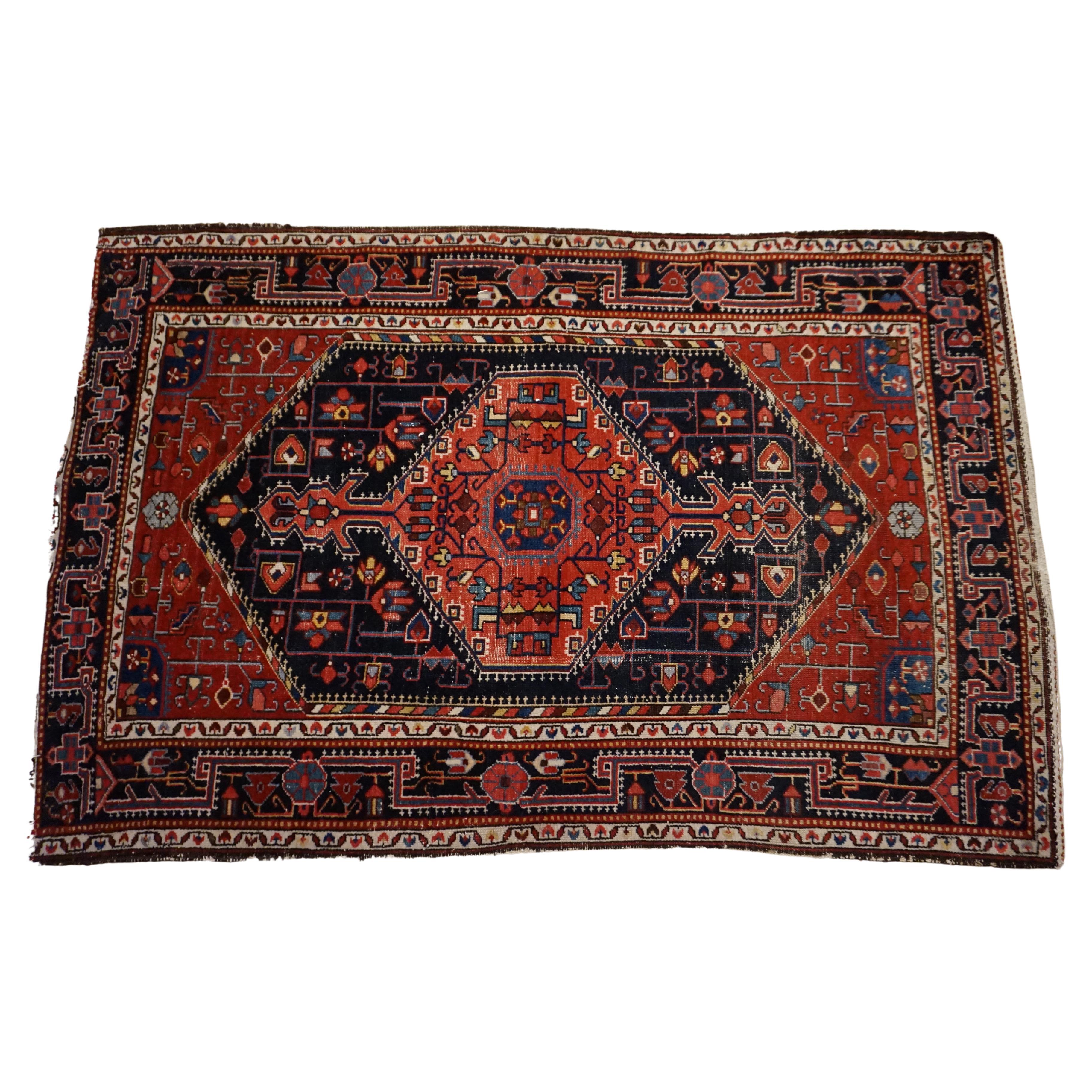 Early 20th Century Antique Kurdish Geometric Tribal Hand Knotted Rug For Sale