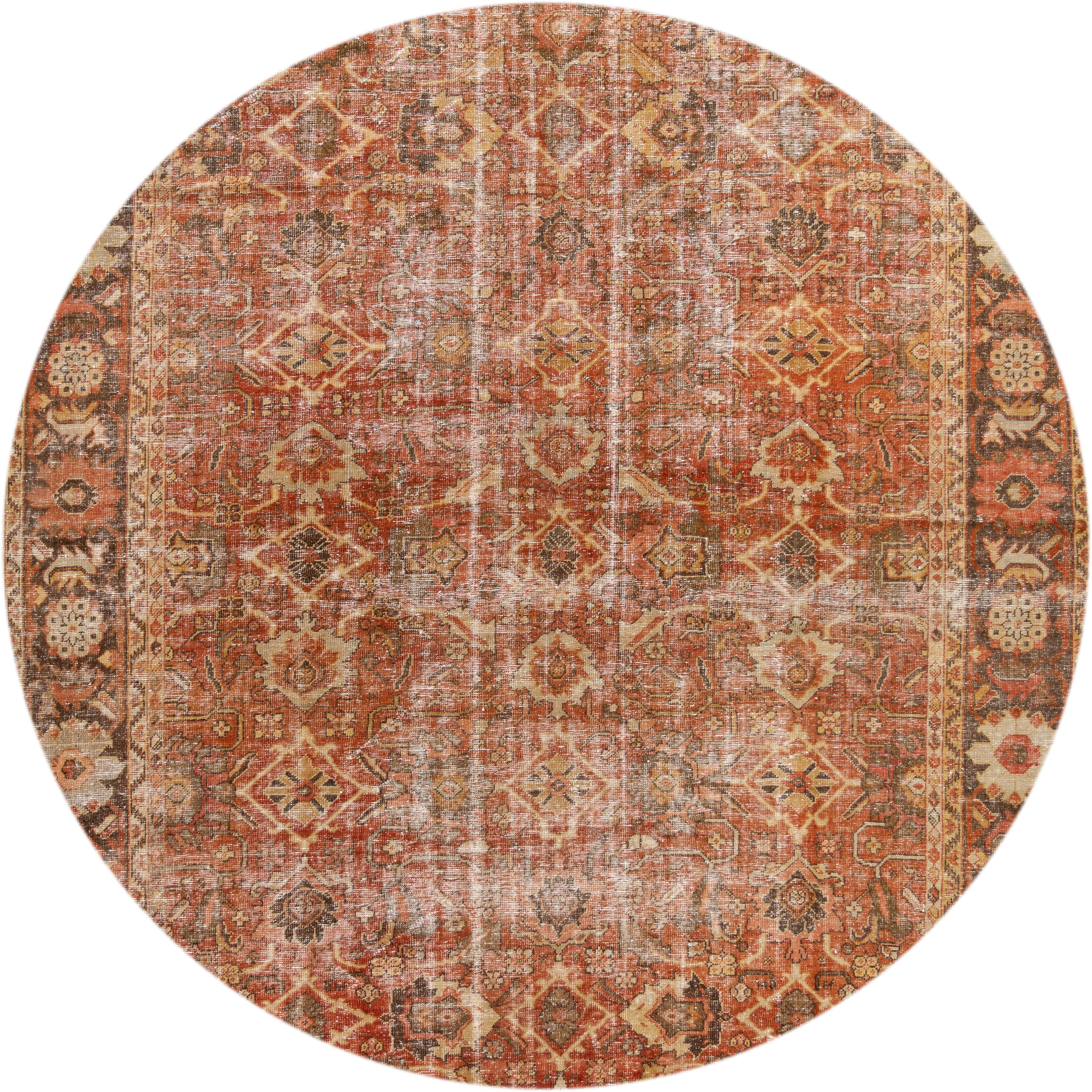 Bellissimo tappeto antico persiano oversize Mahal, in lana annodata a mano con un campo arancione arrugginito, accenti marroni e marrone in un motivo classico all-over.
Questo tappeto misura 11' x 16' 6