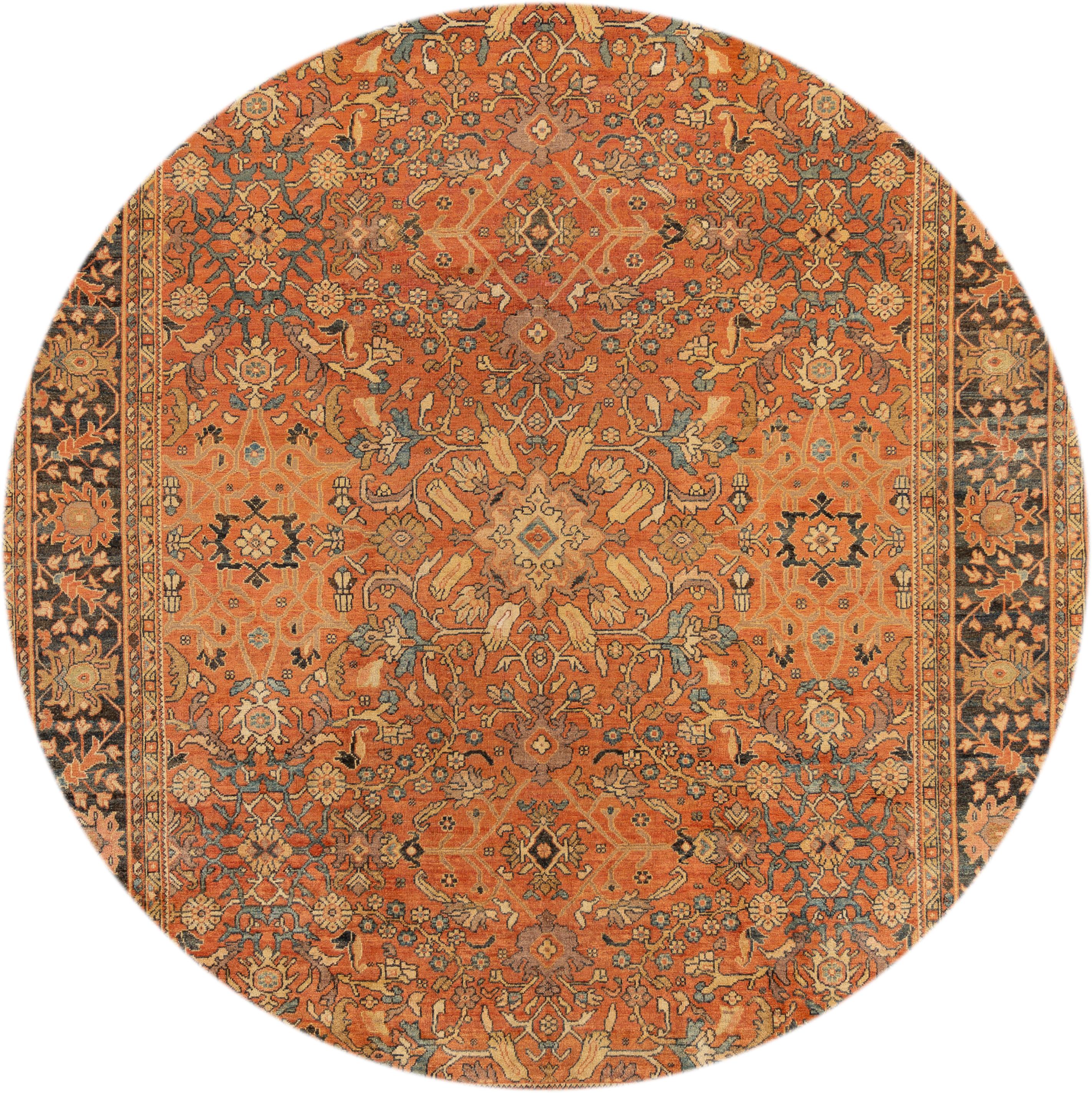 Beautiful antique Persian Mahal rug, hand knotted wool with a rusty orange field, blue and tan accents in an all-over Classic motif,
circa 1920
This rug measures 9' 3