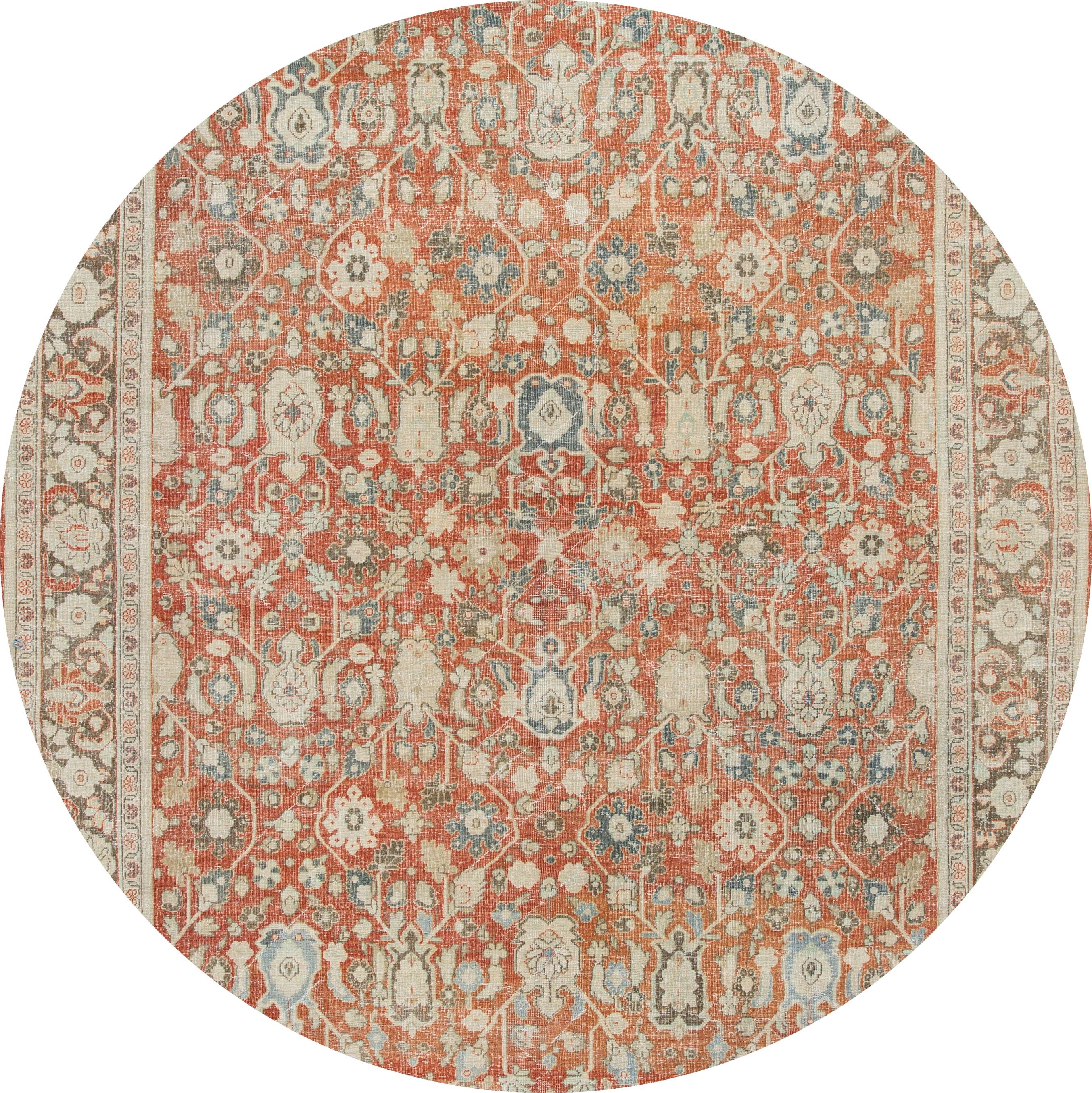 Beautiful antique Persian Mahal rug, hand knotted wool with a rush field. Tan frame, multi-color accents in an all-over floral design.
This rug measures: 9'3