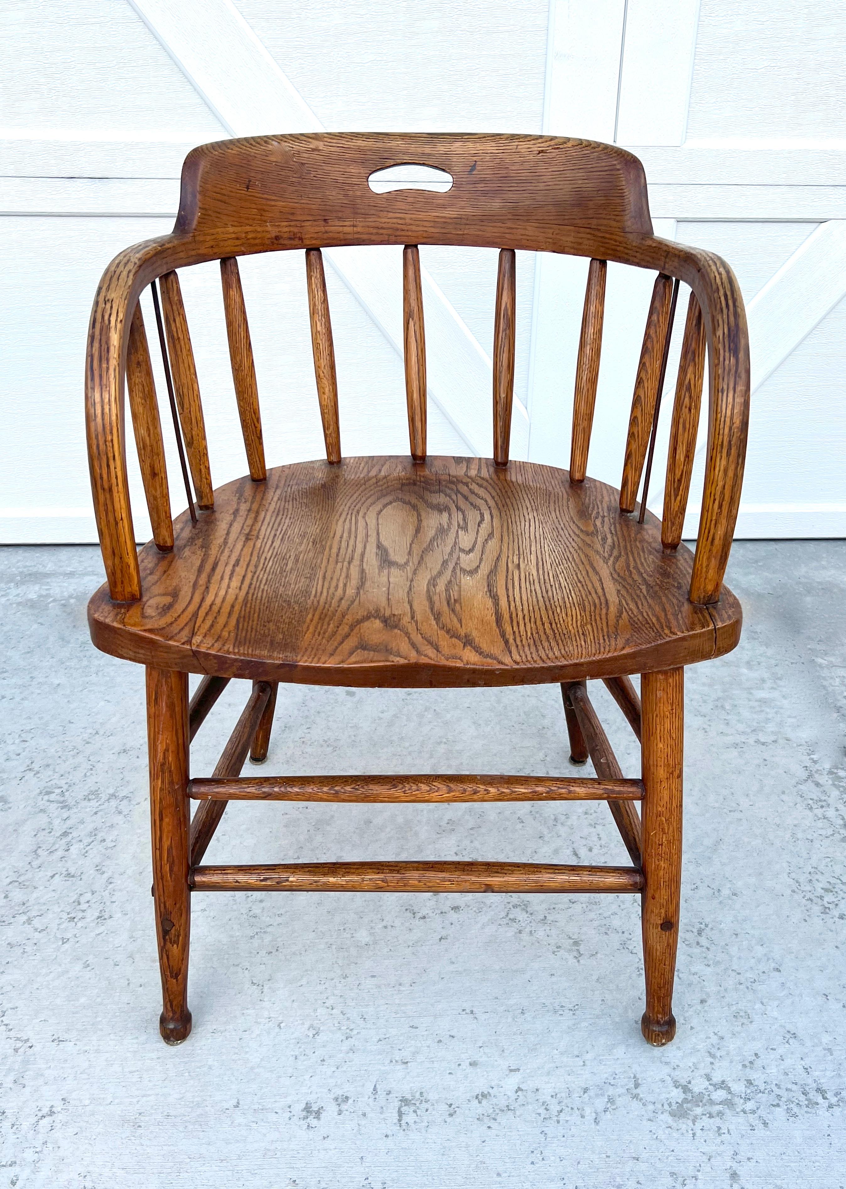 American Early 20th Century Antique Mismatched Barrel Back Oak Wood Pub Captain's Chairs