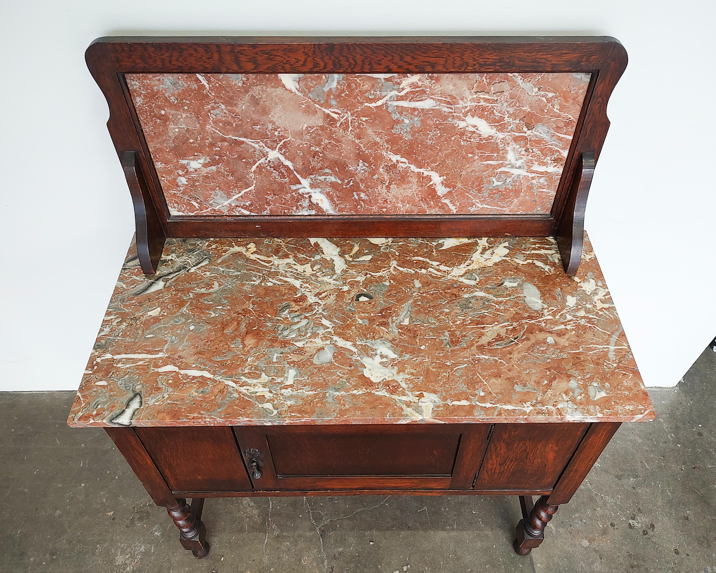 French Provincial Early 20th-Century Antique Oak and Pink Stone Wash Stand Cabinet For Sale