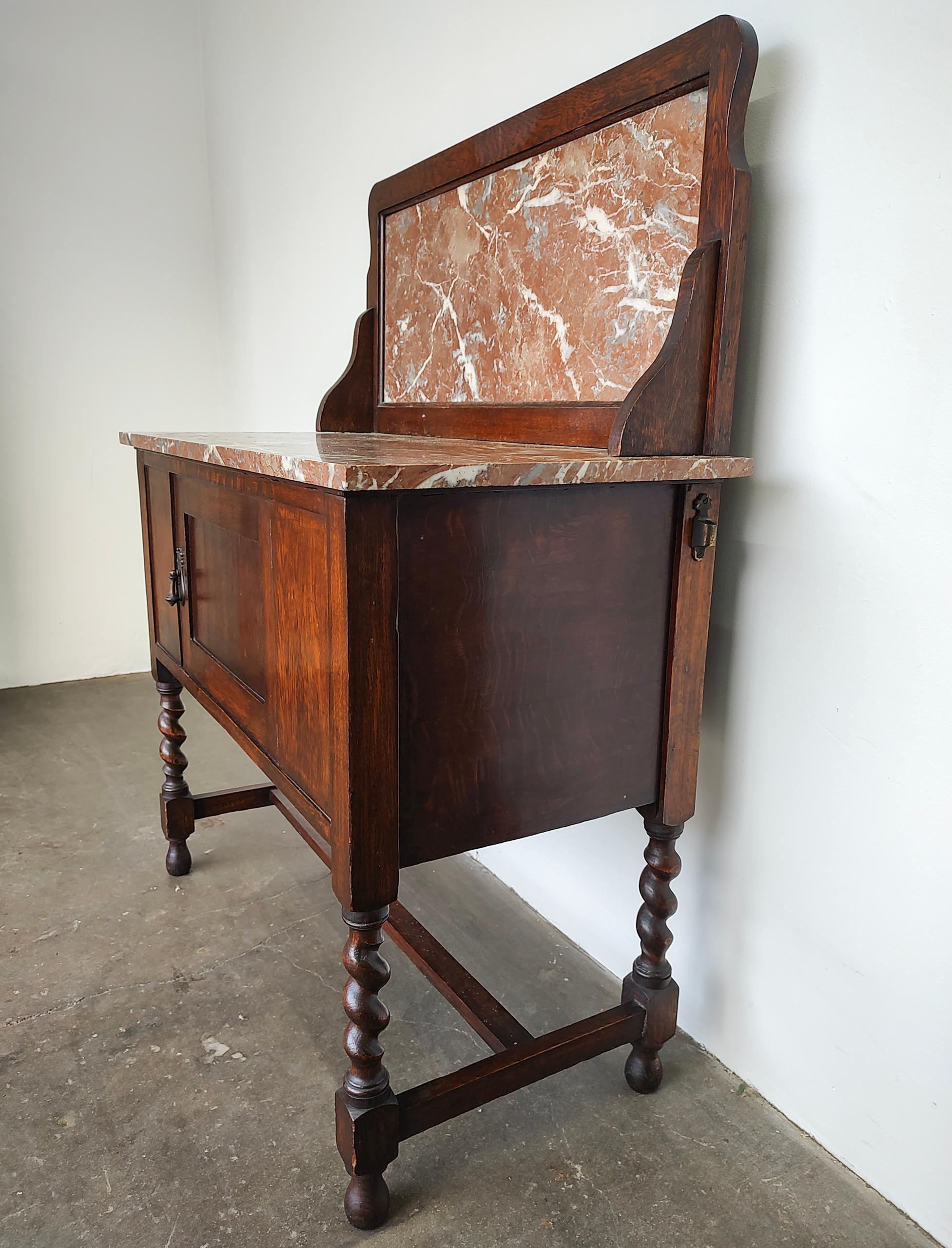 Unknown Early 20th-Century Antique Oak and Pink Stone Wash Stand Cabinet For Sale