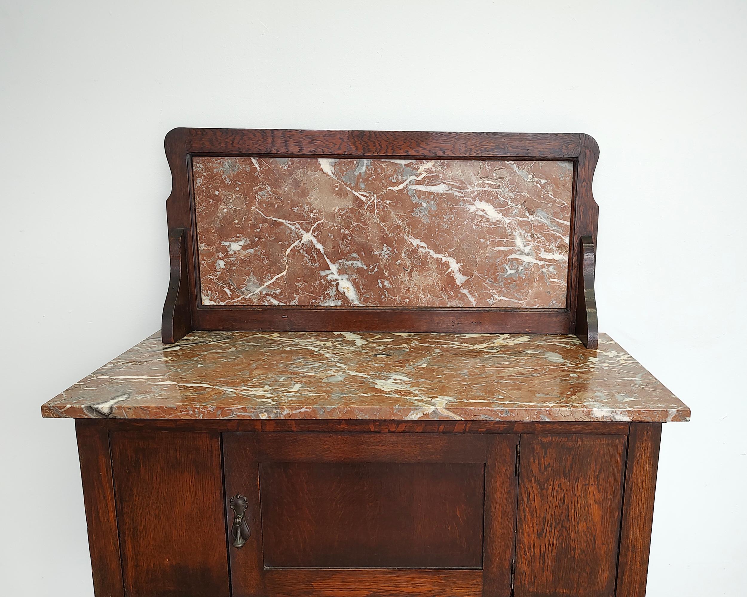 20th Century Early 20th-Century Antique Oak and Pink Stone Wash Stand Cabinet For Sale