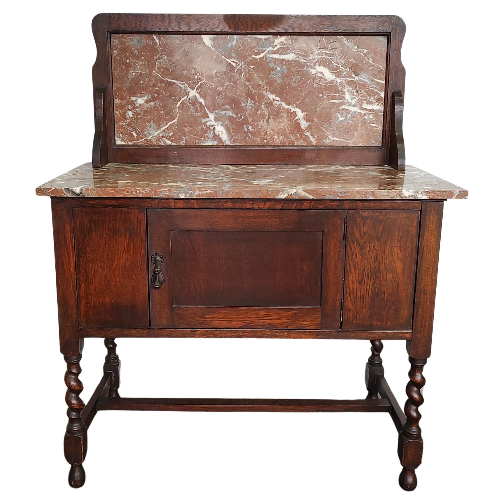 Early 20th-Century Antique Oak and Pink Stone Wash Stand Cabinet