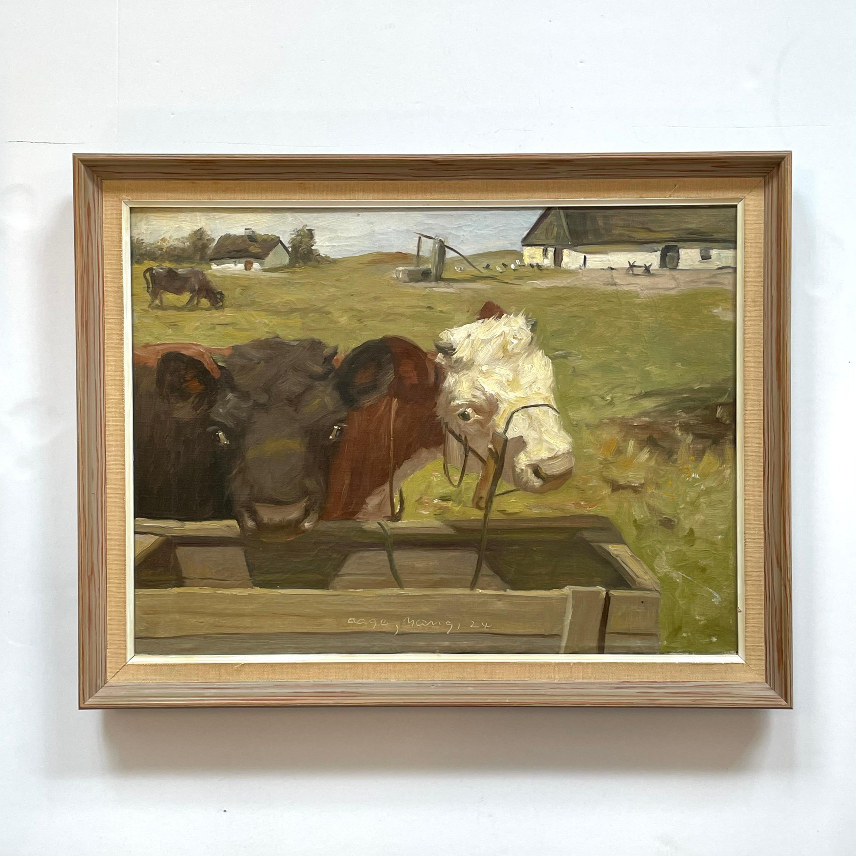 This is an original antique oil on canvas landscape painting from 1924 by Aage Wang with motive of cows.

Aage Wang, i.e., Mark Osman Curtis (1879-1959) was a Danish painter known for his animal and landscape paintings.

The painting is signed by