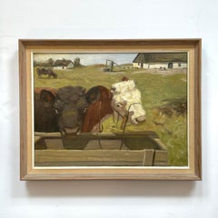 Early 20th century antique oil painting by Aage Wang from Denmark with cows