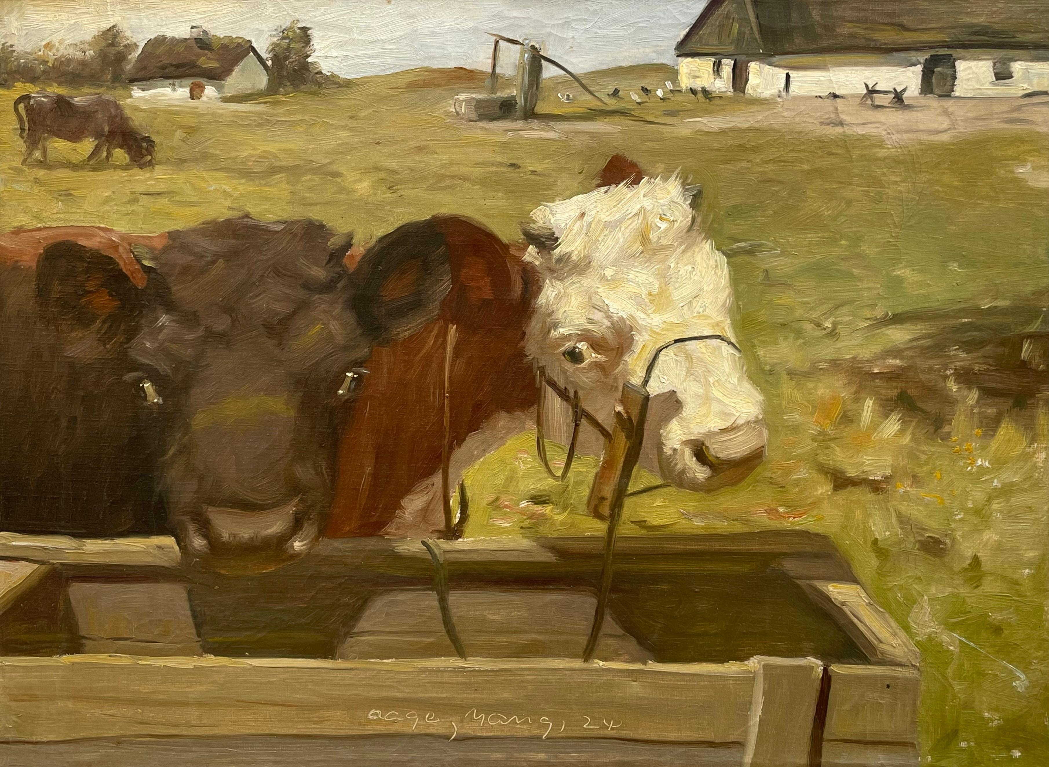 Romantic Early 20th century antique oil painting by Aage Wang from Denmark with cows For Sale