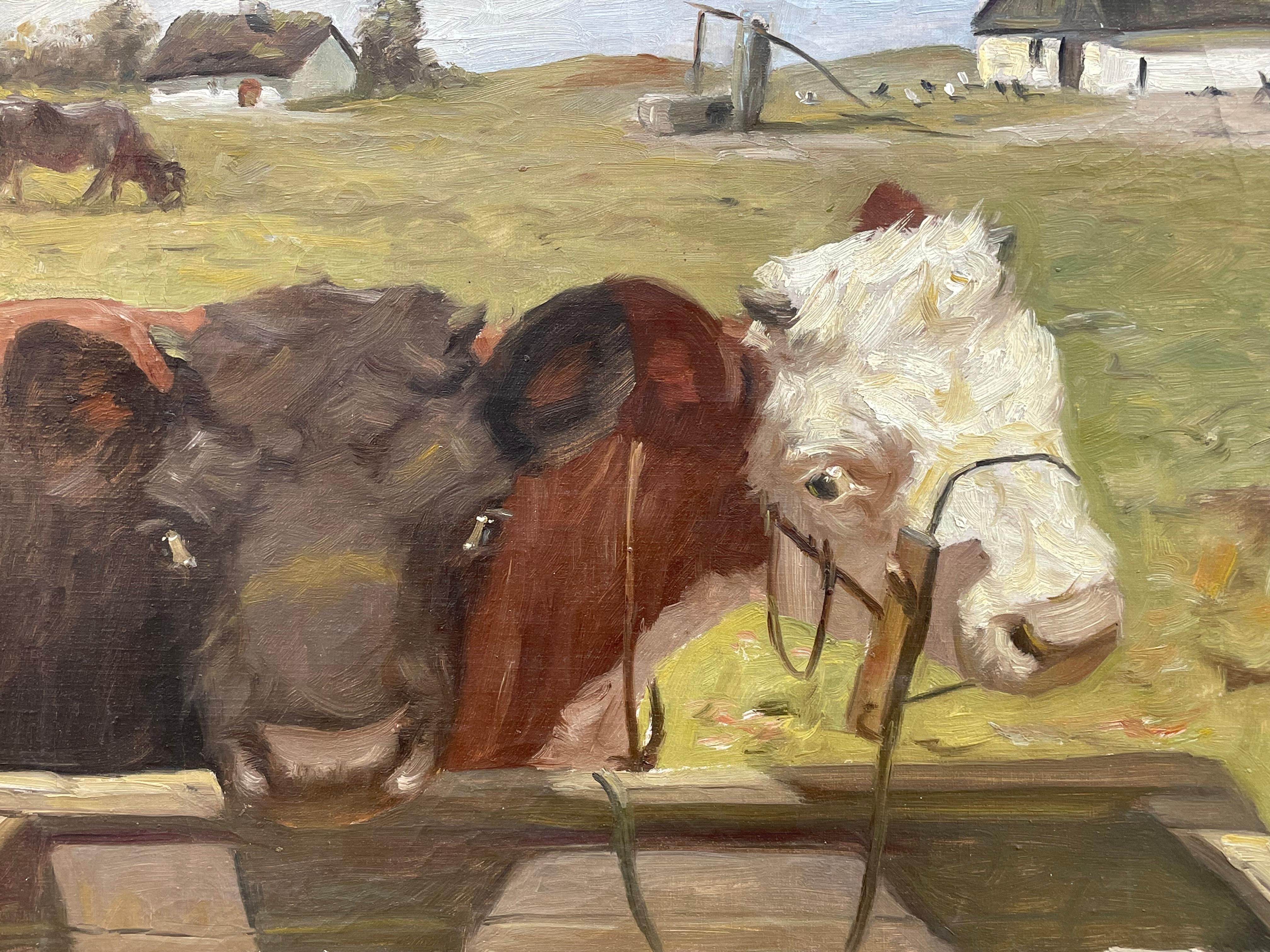 20th Century Early 20th century antique oil painting by Aage Wang from Denmark with cows For Sale