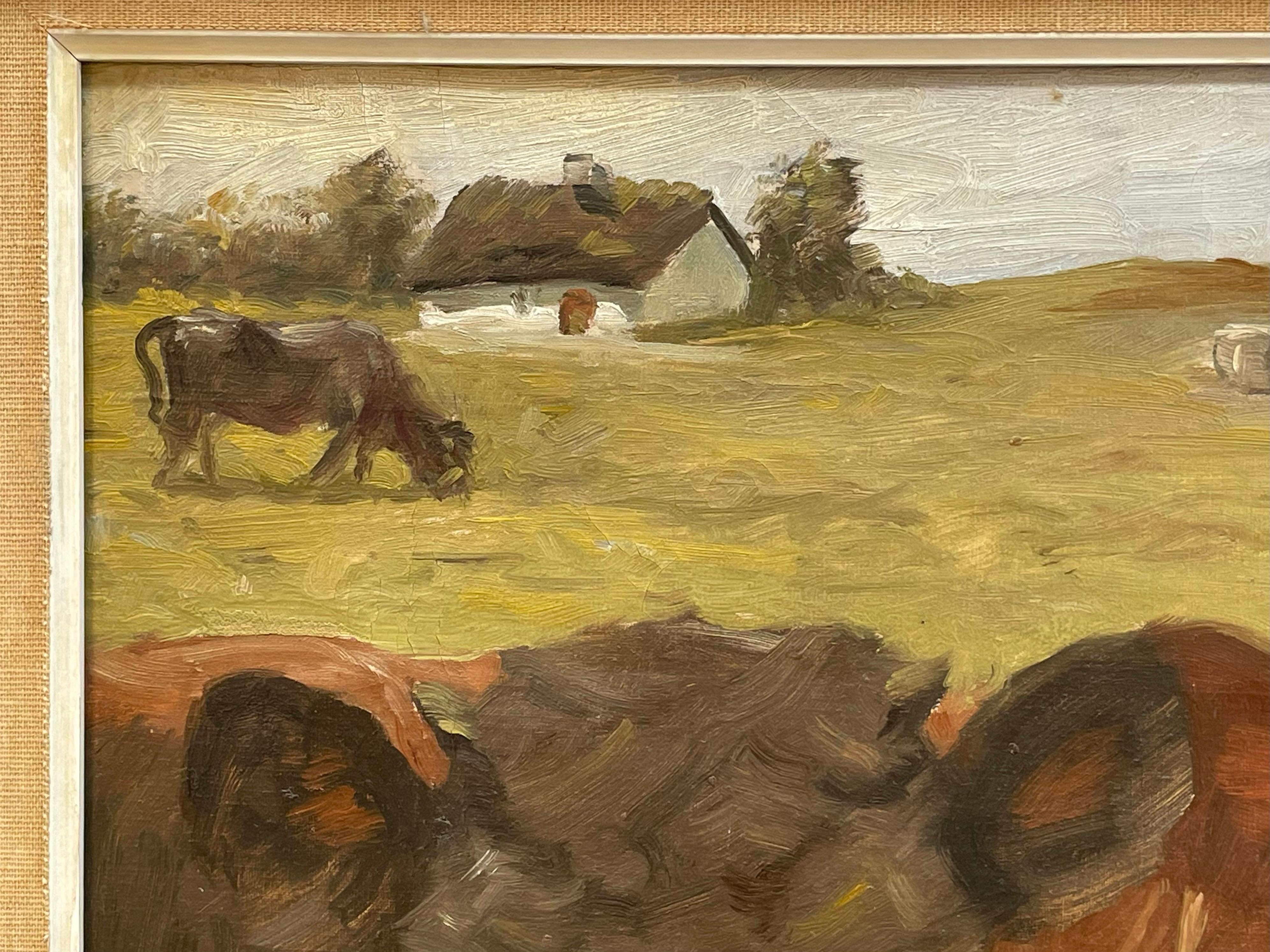 Early 20th century antique oil painting by Aage Wang from Denmark with cows For Sale 1